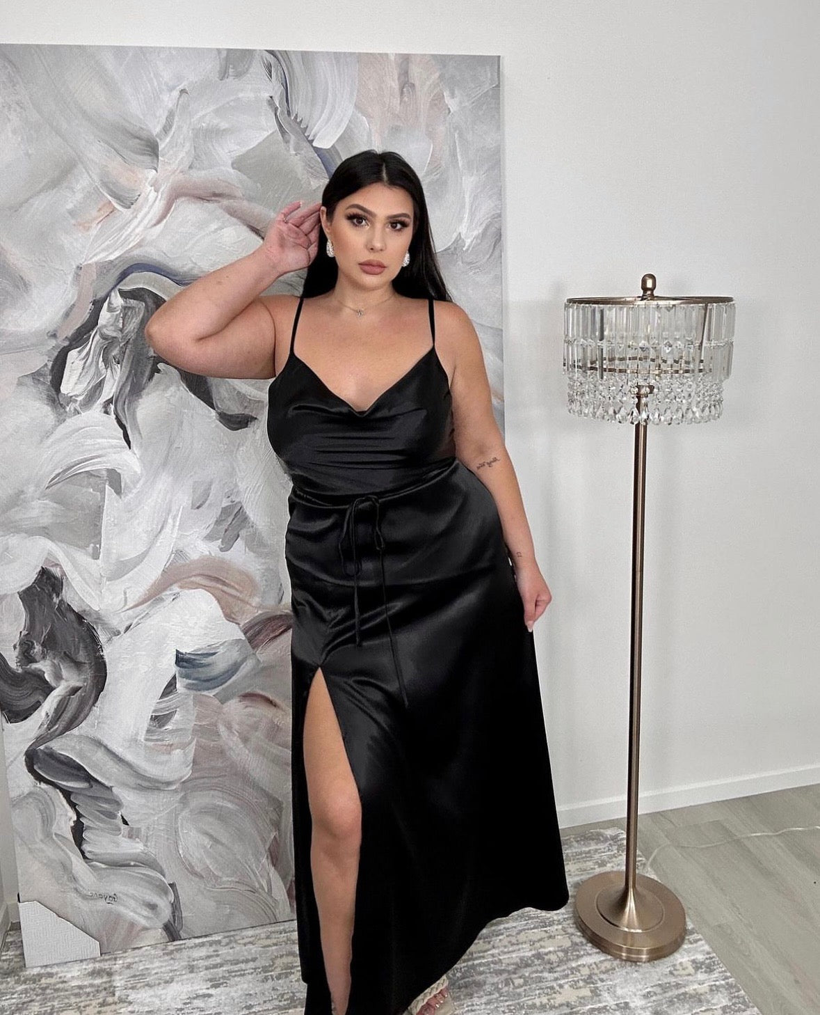 Claire' Long Satin Slit Dress Qurves Boutique Claire' Long Satin Slit Dress Qurves Boutique