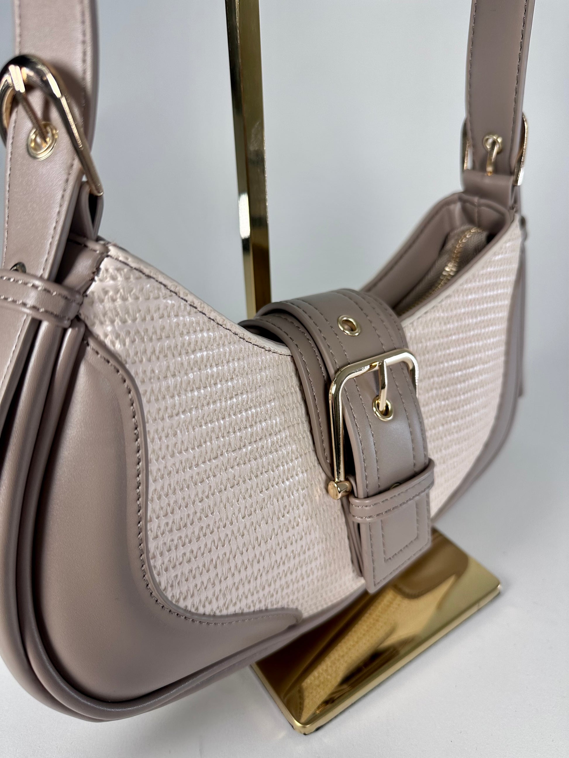 ‘Cortnie’ Tan Textured Faux Leather Buckle Bag