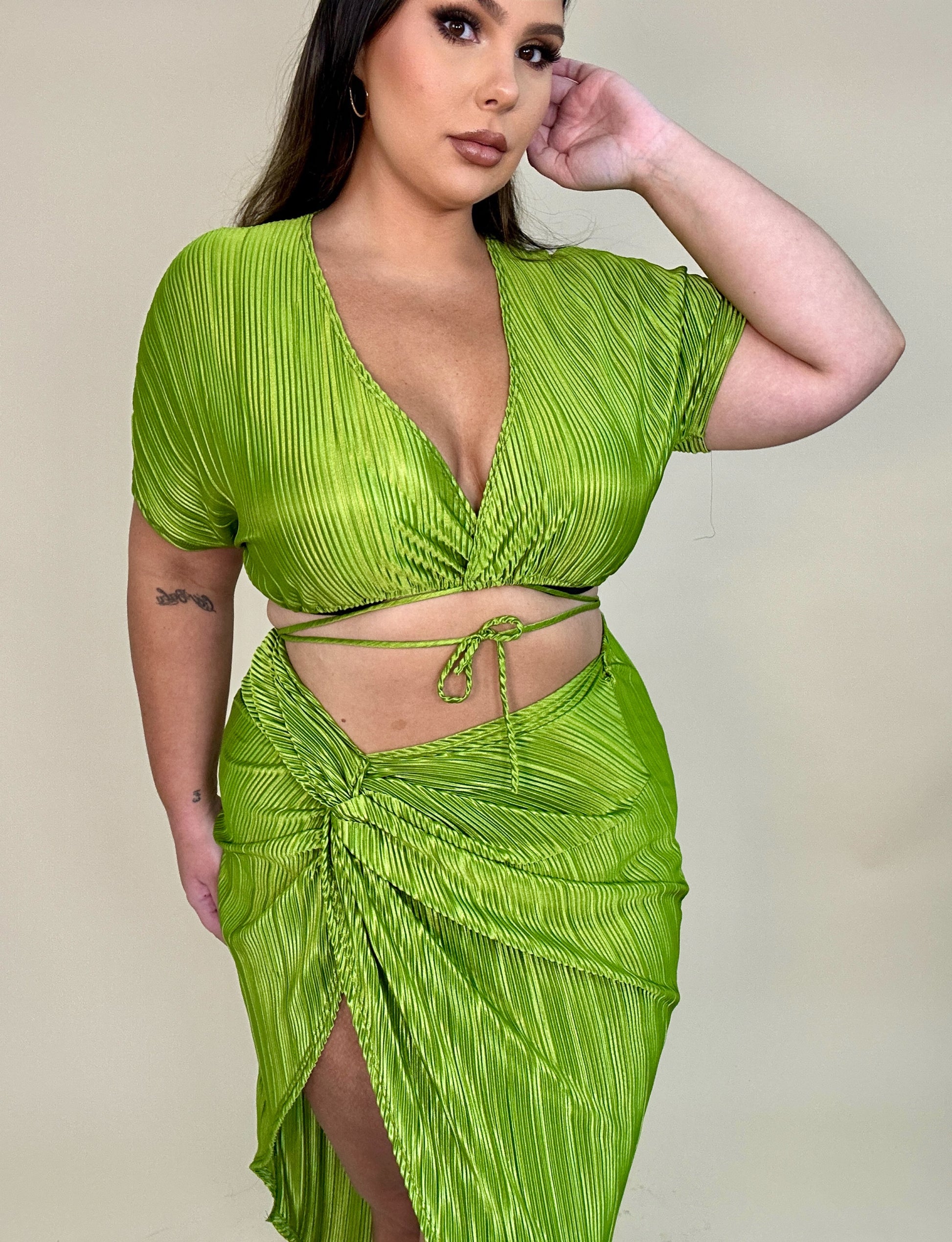 Green Textured Skirt Set