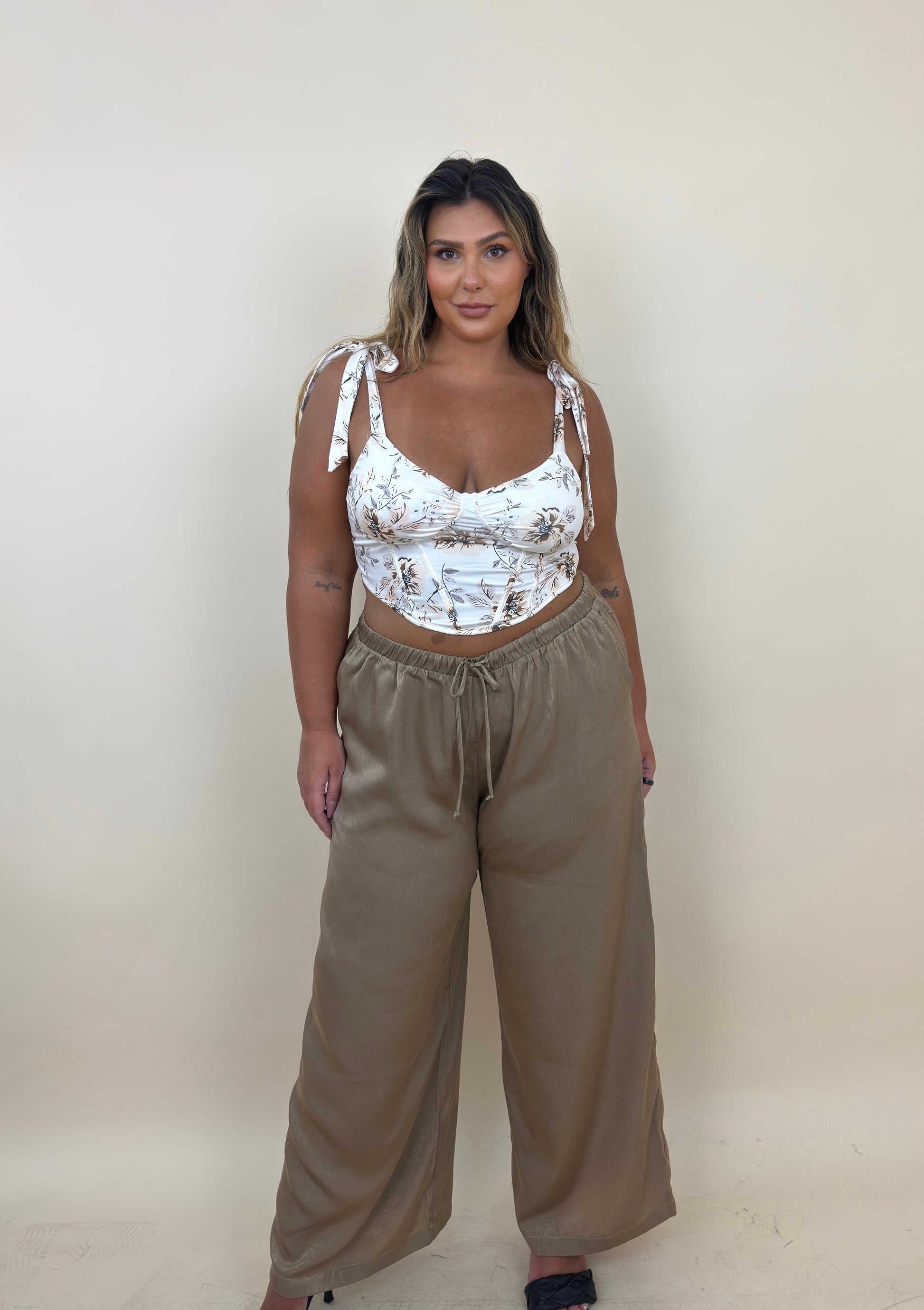 Beige Silky Sheen Wide Leg Pant