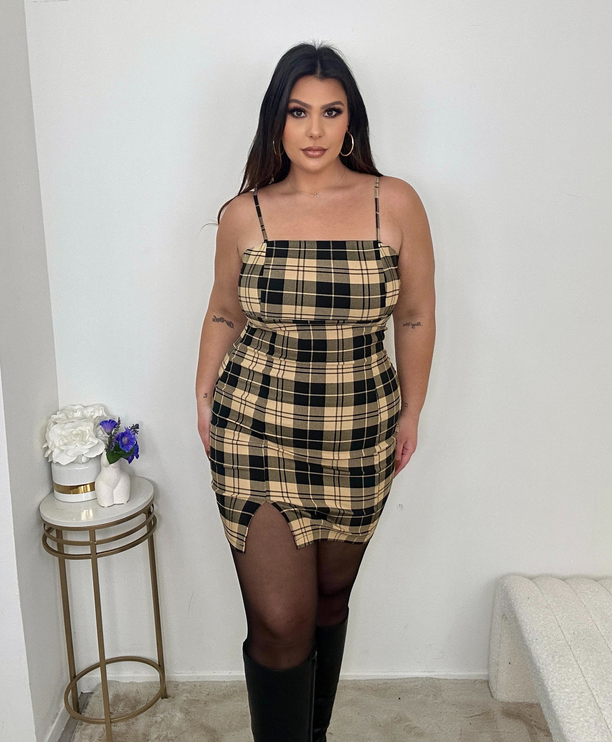 Golden Plaid Mini Dress