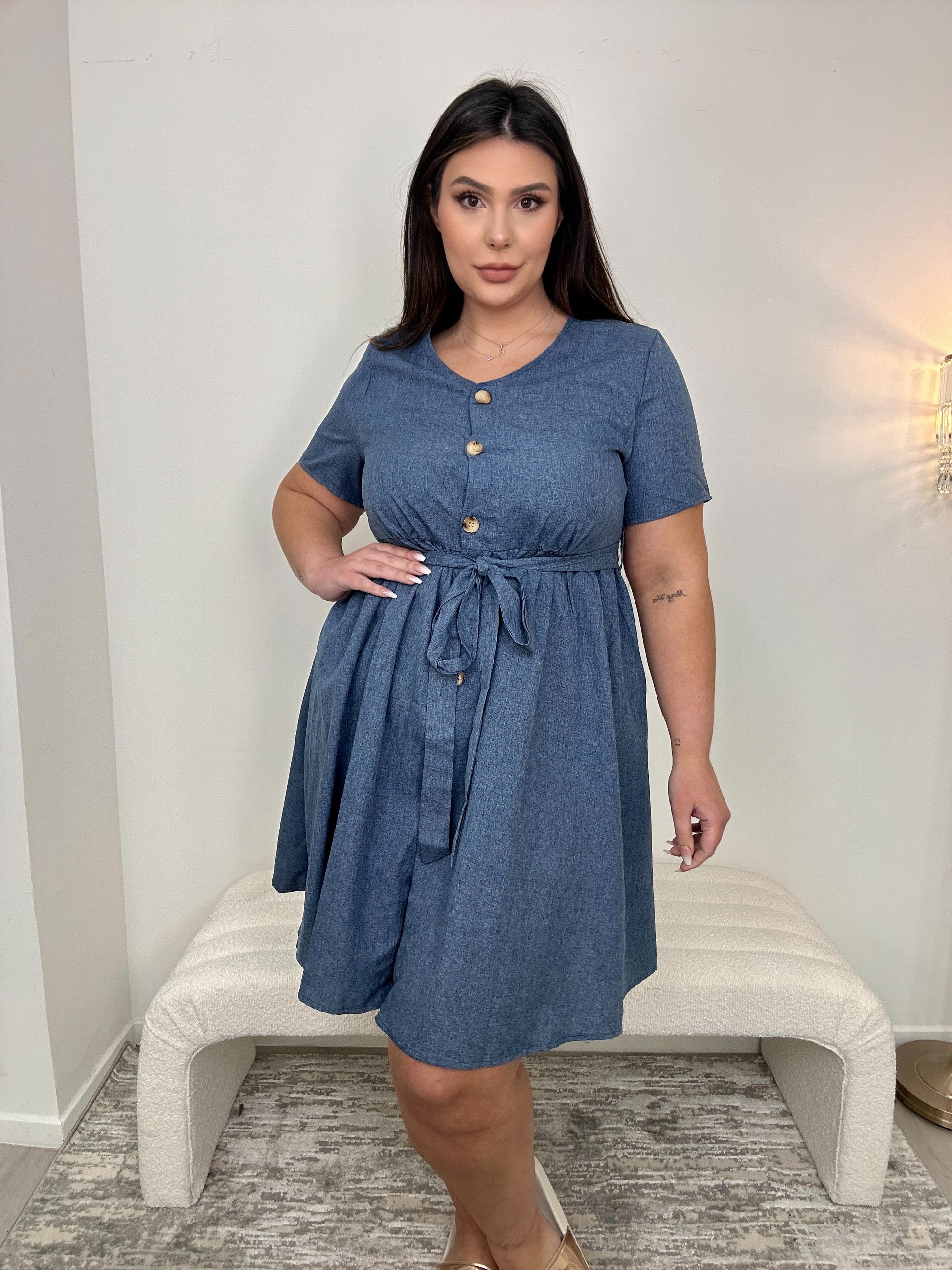 Denim Style Waist Tie Button Dress