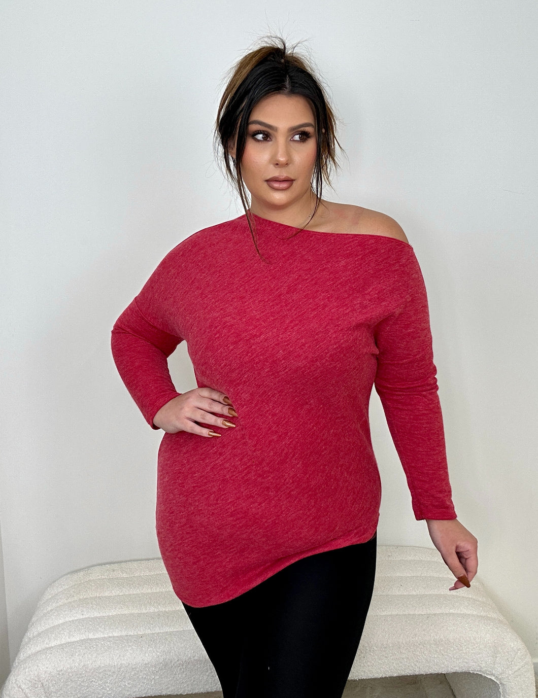 Red Off Shoulder Sweater Top