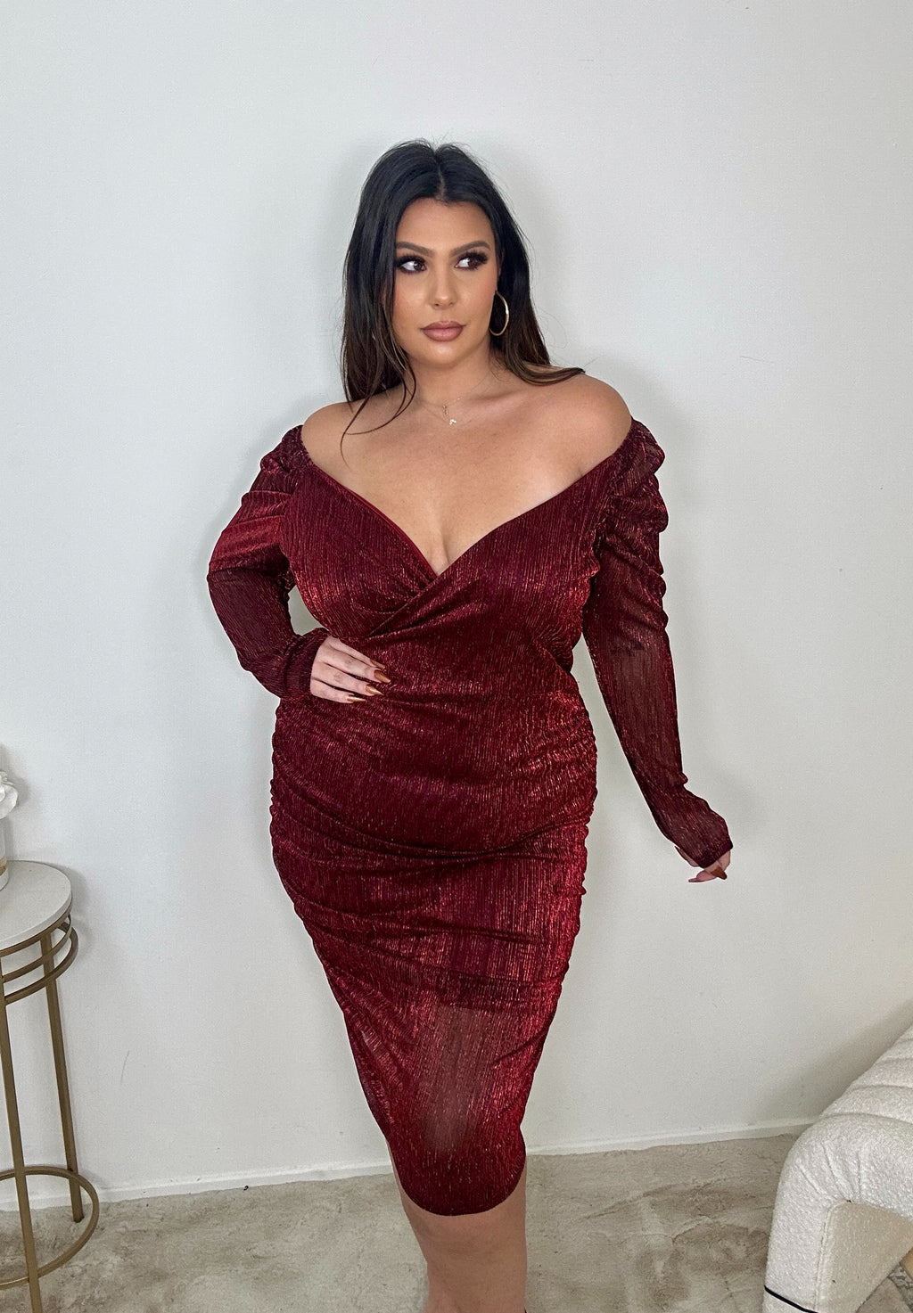 Shiny Red Rouched Dress