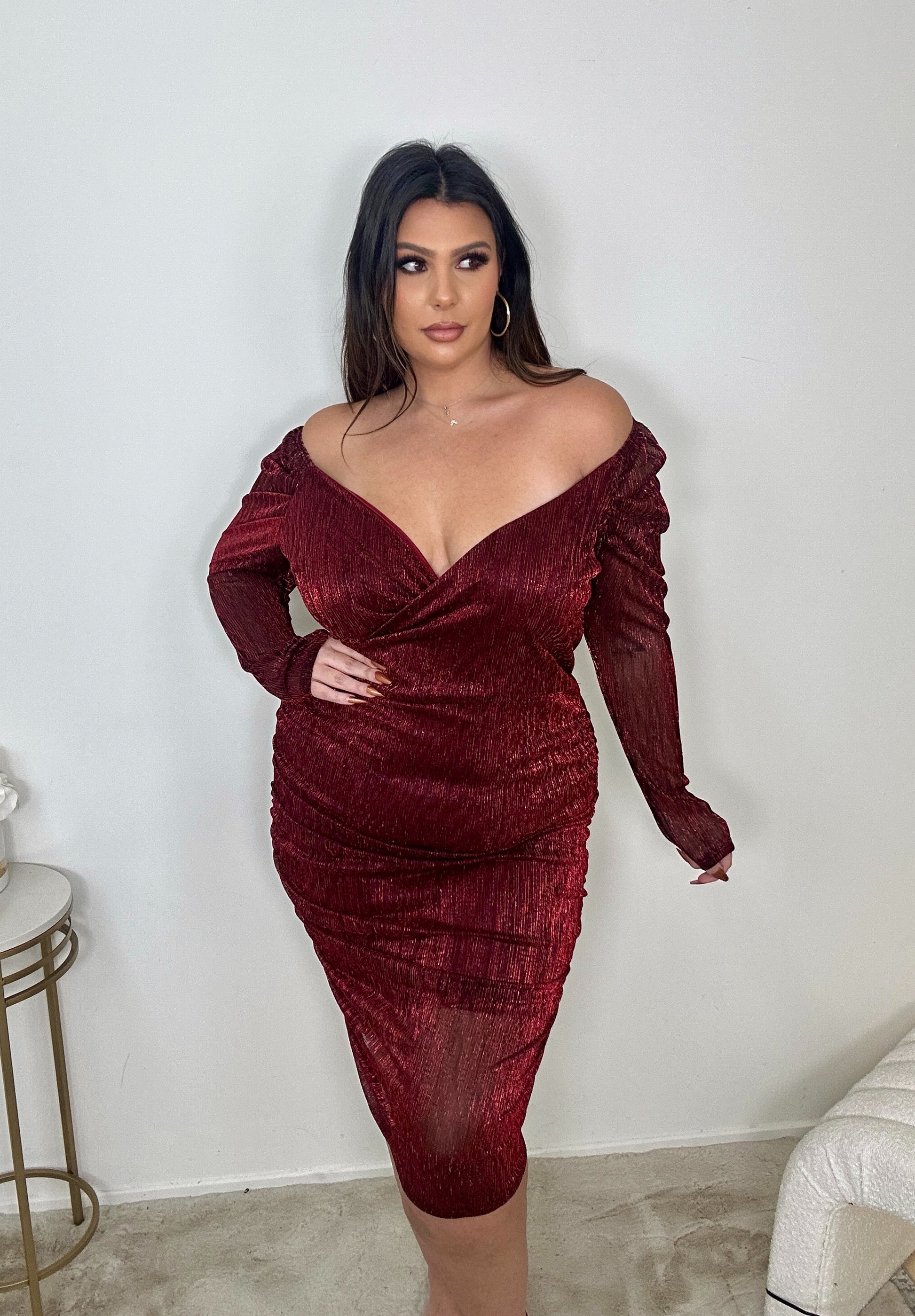 Shiny Red Rouched Dress