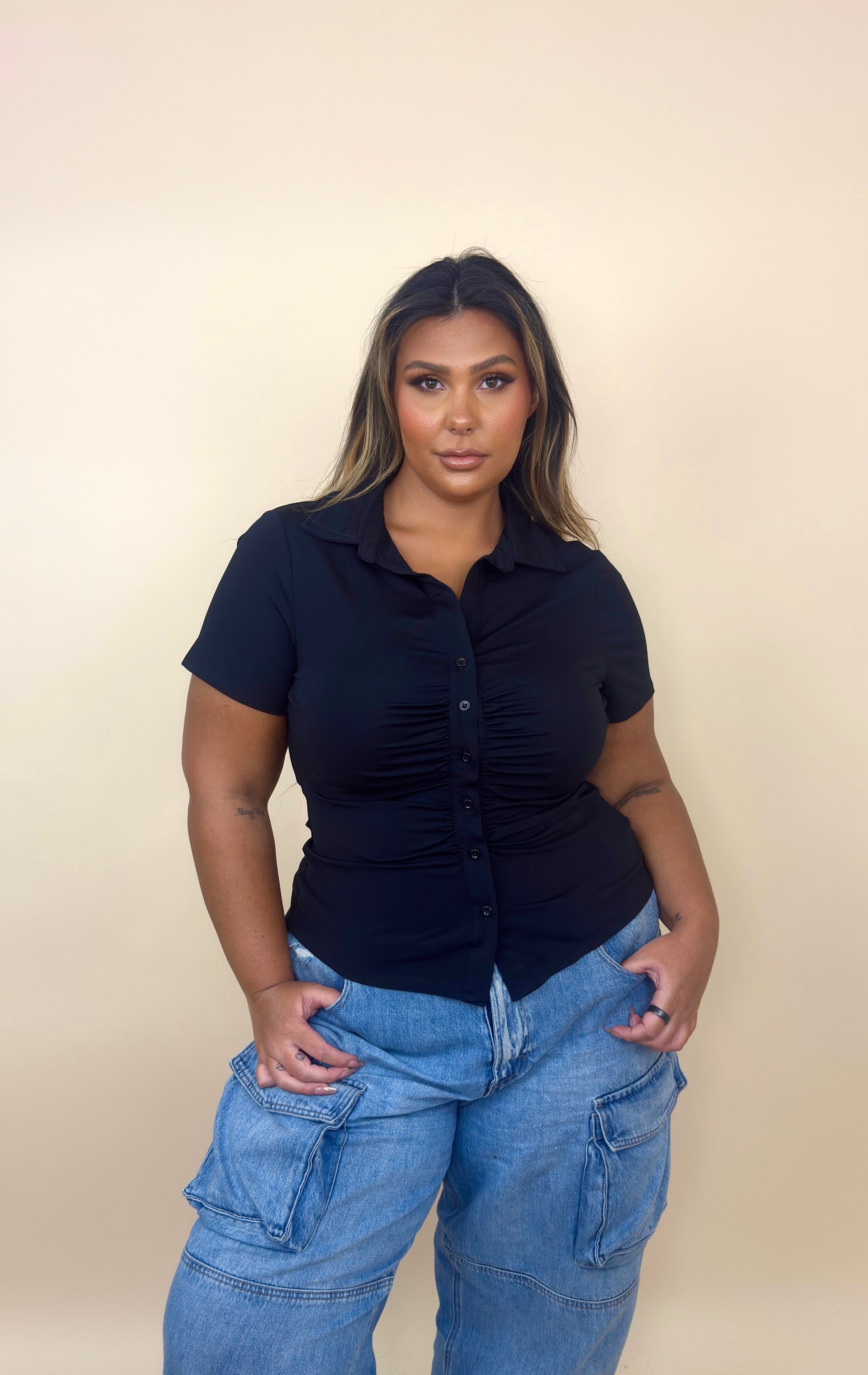 Soft Rouched Button Up Collared Top
