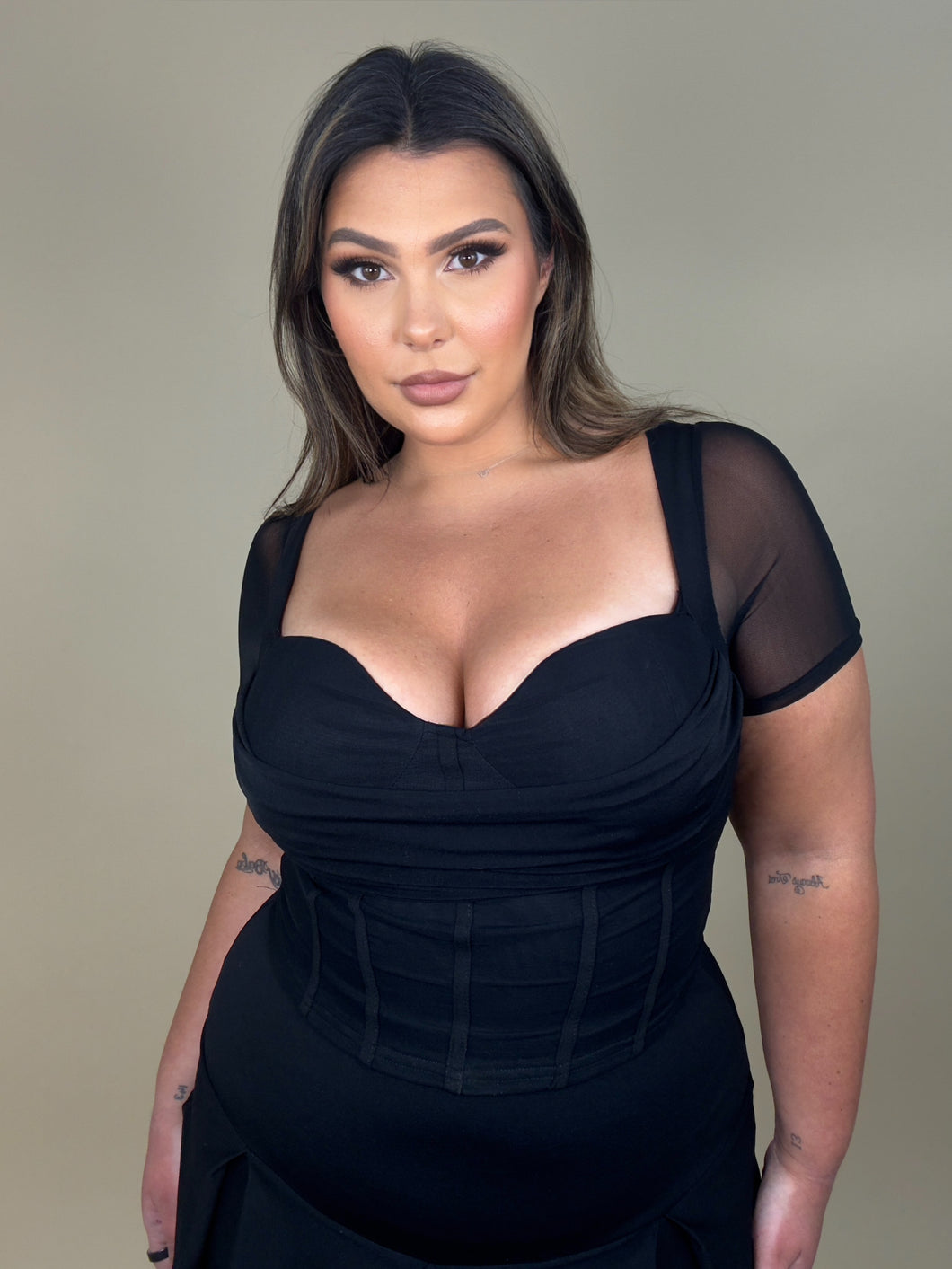 Cowl Corset Mesh Short Sleeve Top