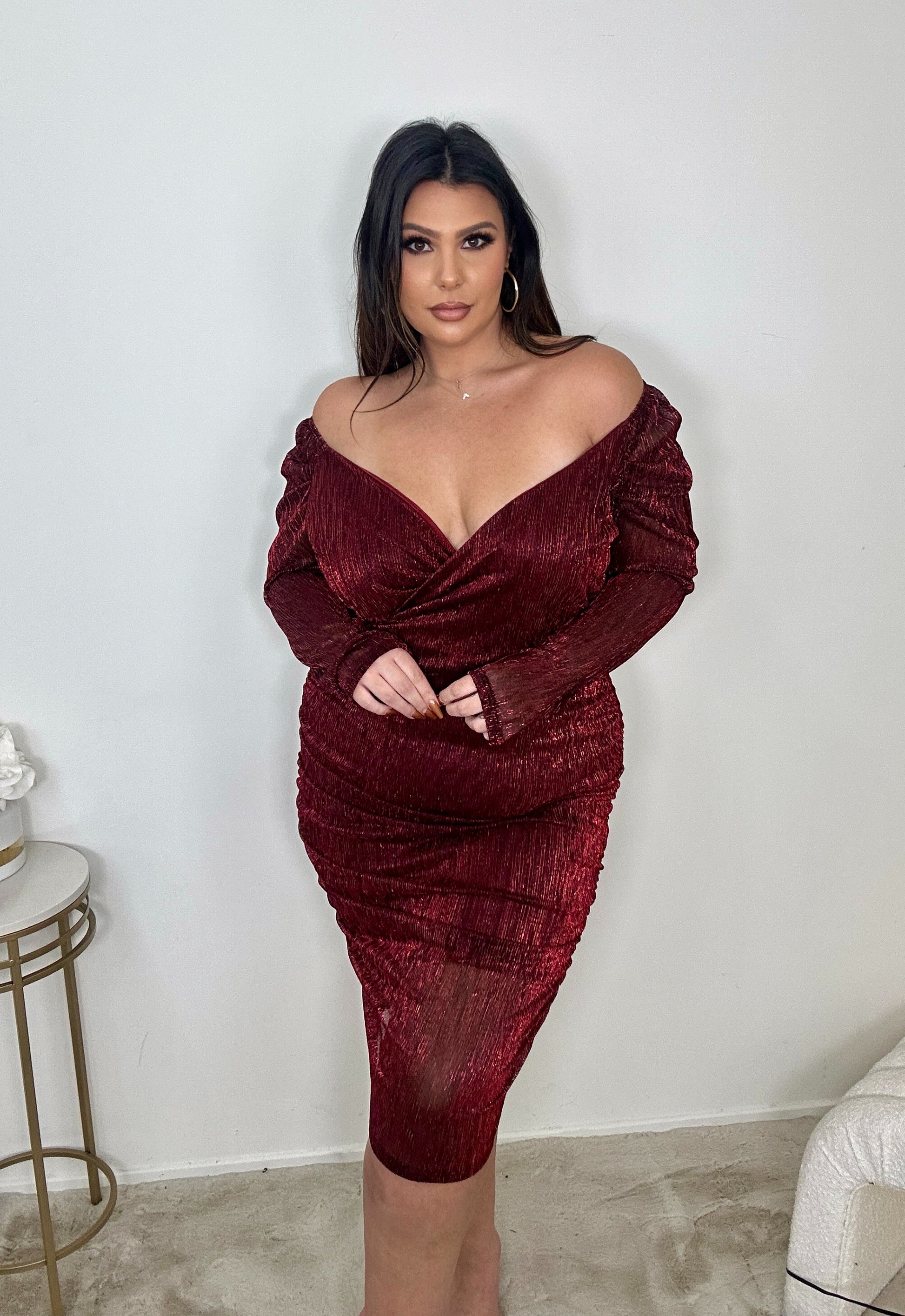 Shiny Red Rouched Dress