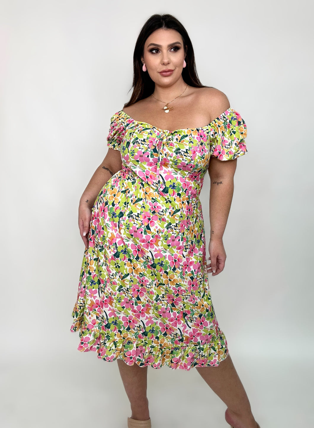 Pink & Green Floral Puffy Sleeve Dress