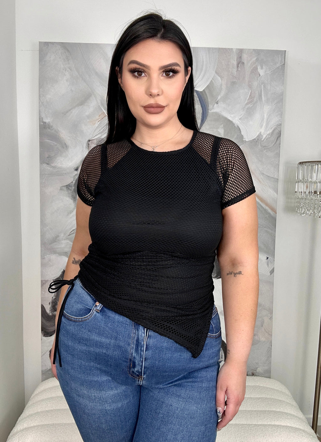 ‘Halle’ Mesh Asymmetrical Side Tie Top (2 color)