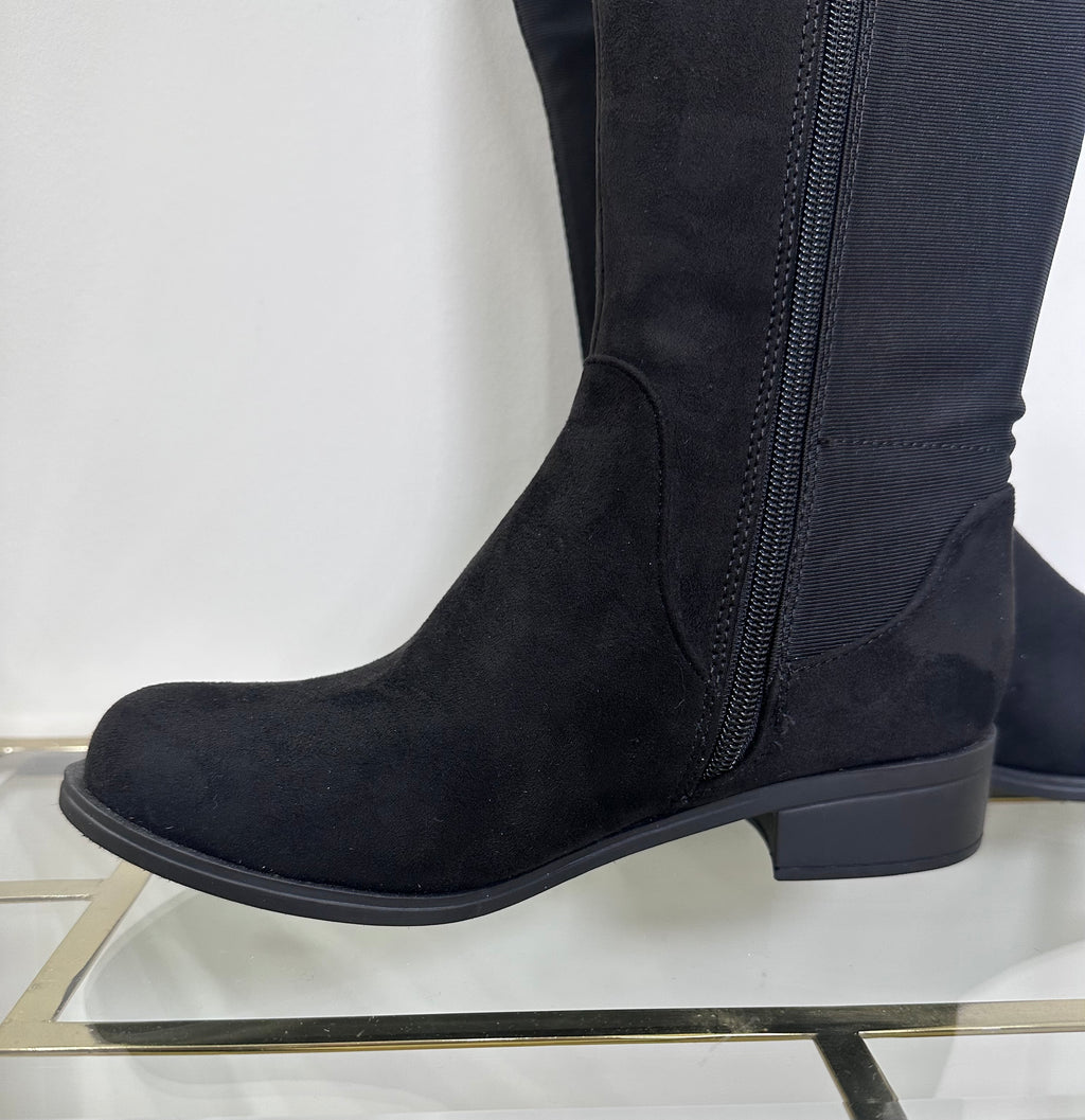 Mid Calf Faux Suede Stretch Boots