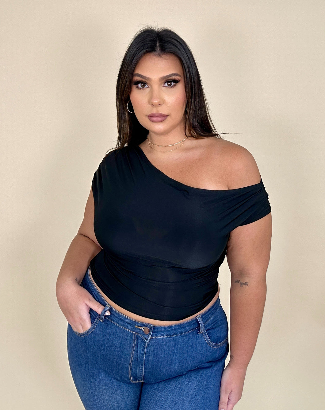 Cropped Side Rouched Off Shoulder Top