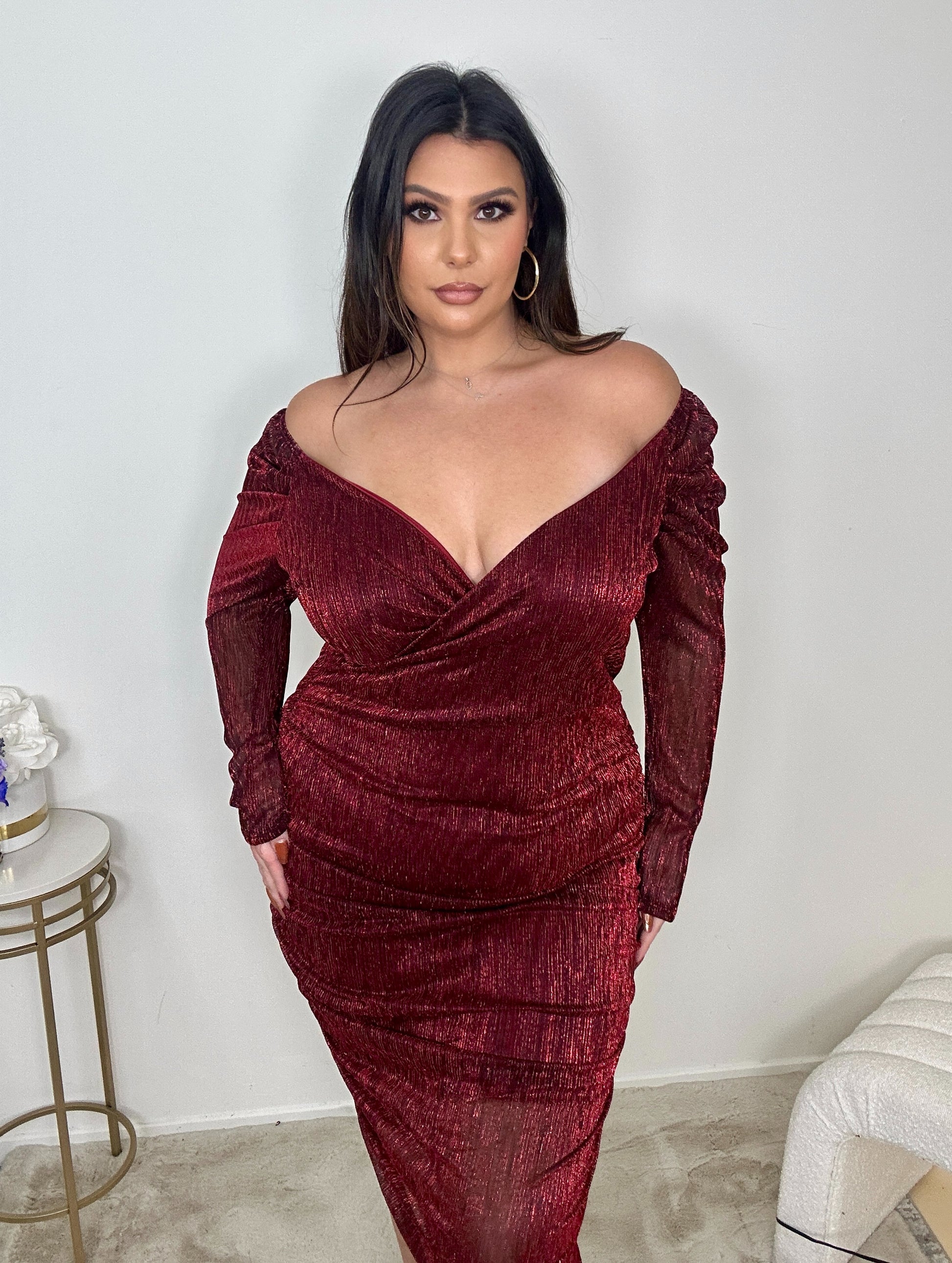 Shiny Red Rouched Dress