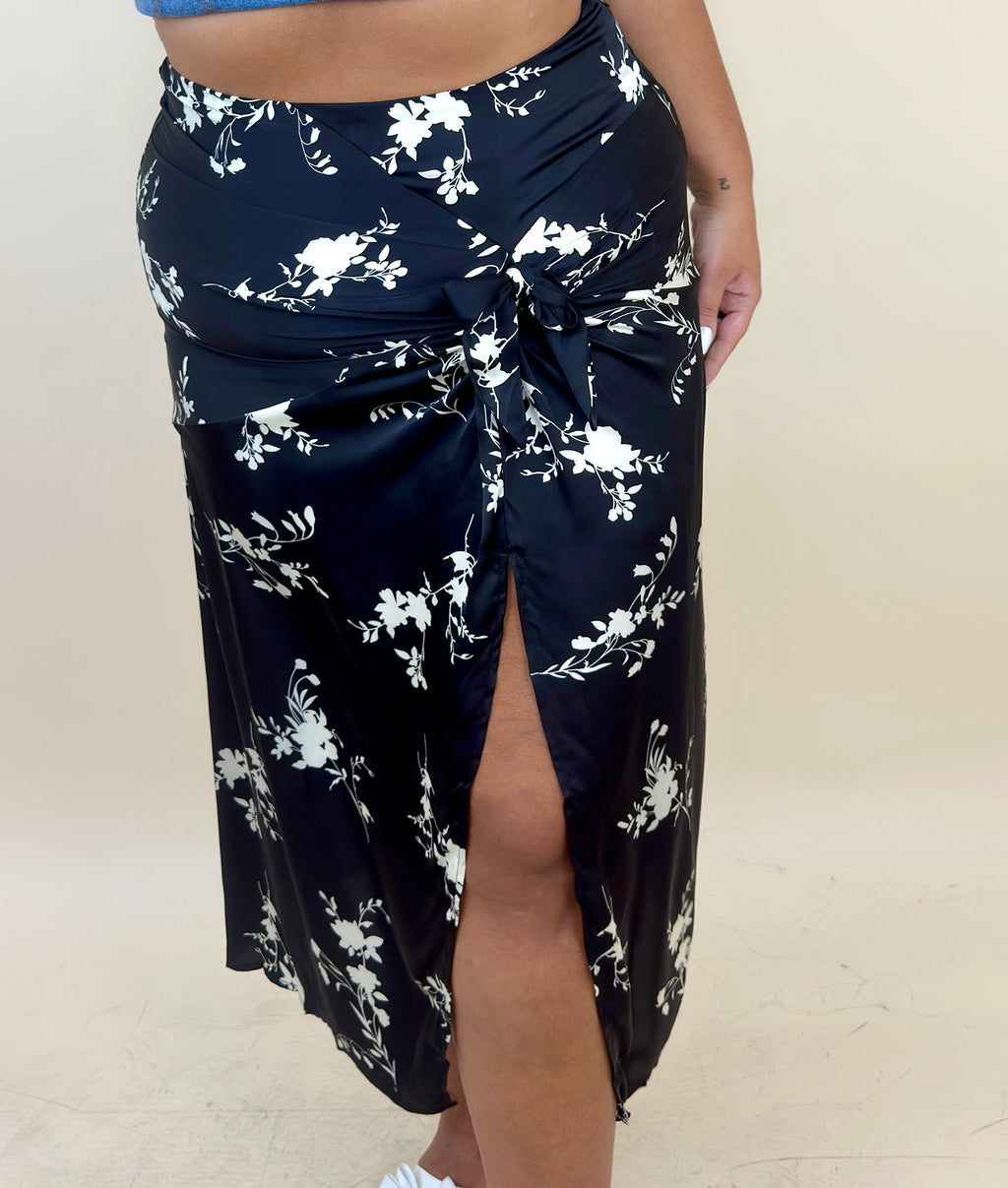 Black Floral Silky Skirt