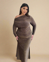 Load image into Gallery viewer, Bronze Shimmer Off Shoulder Evening Dress
