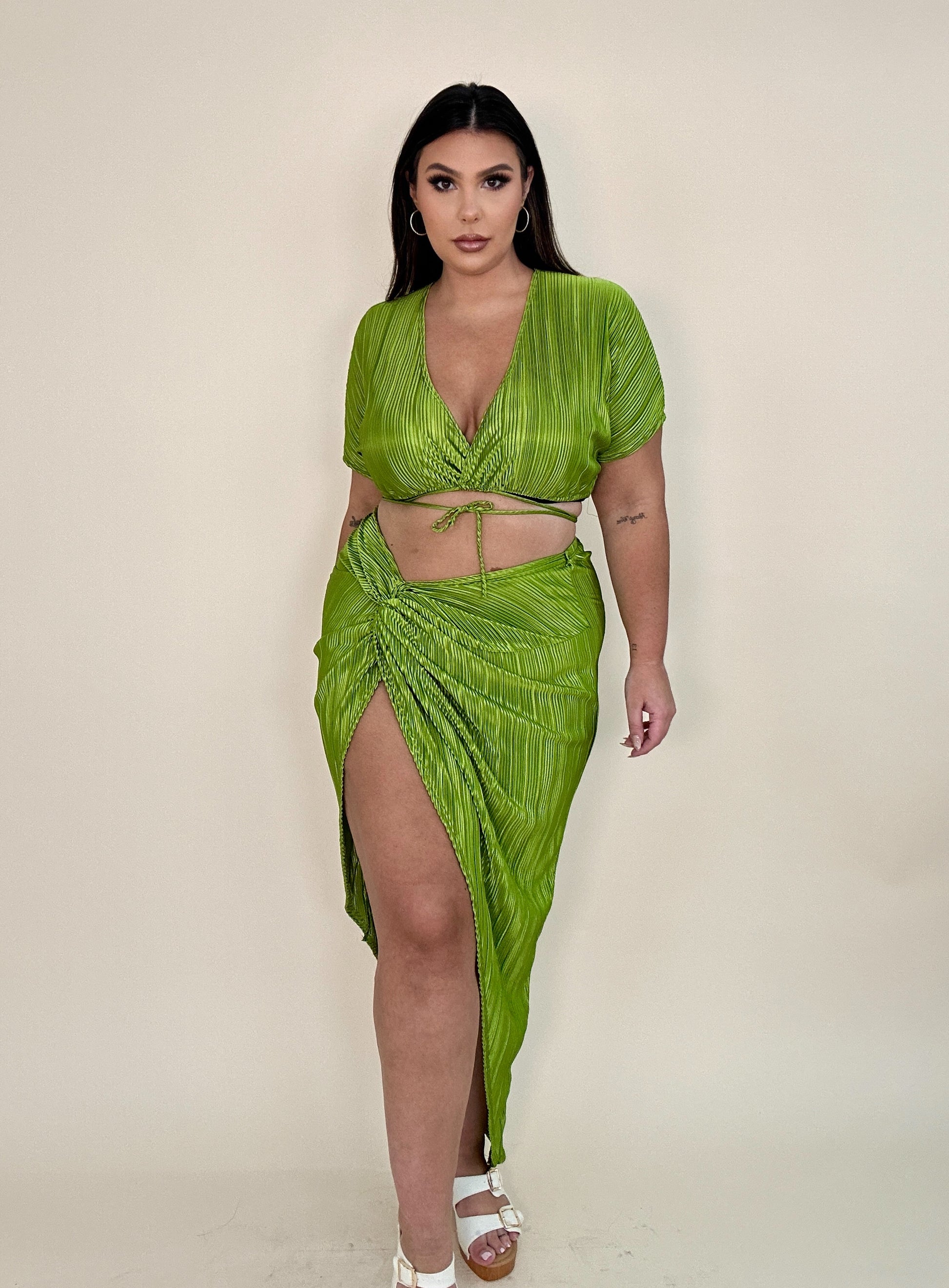 Green Textured Skirt Set