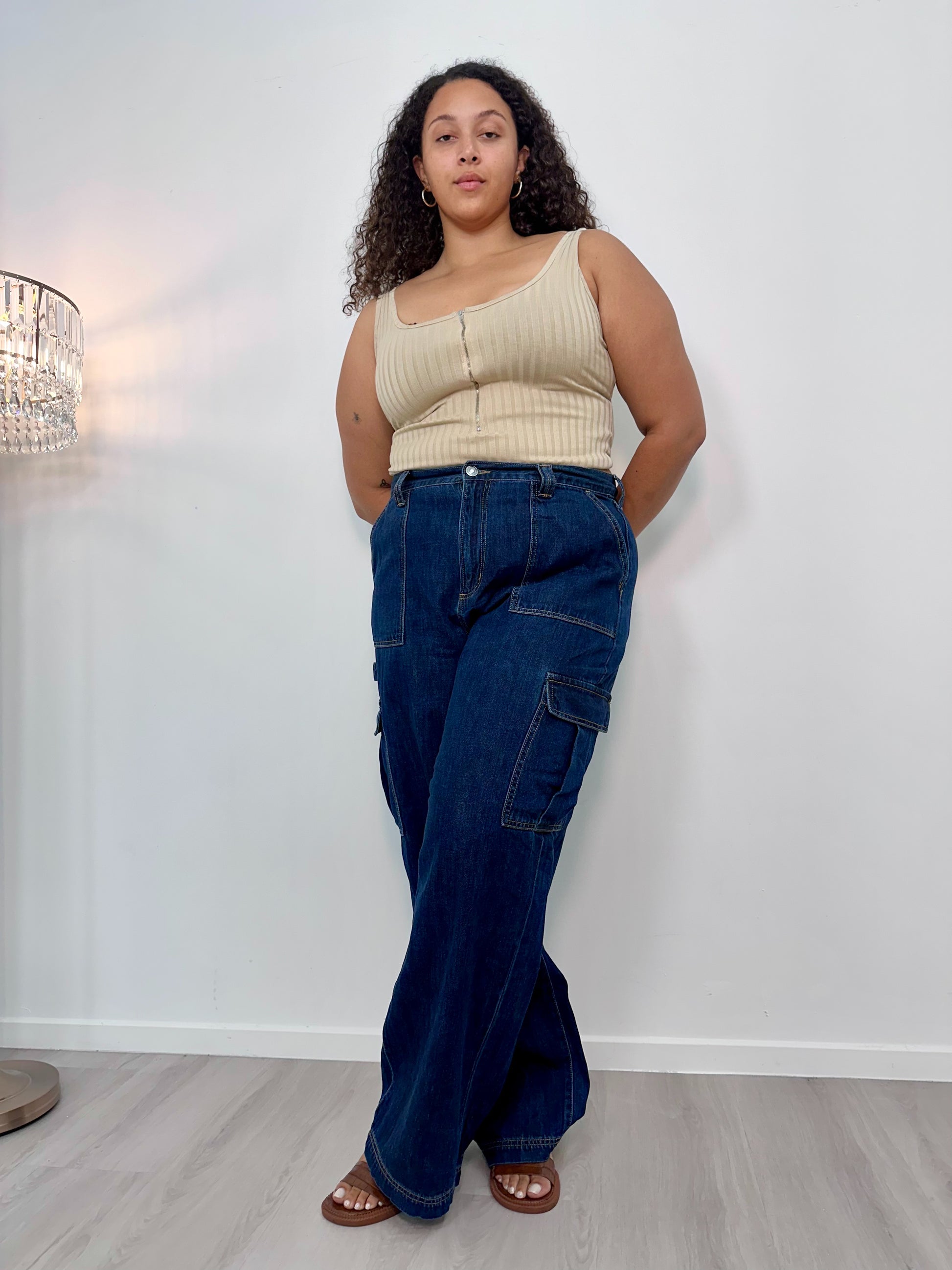 Dark Wash Wide Leg Cargo Jeans