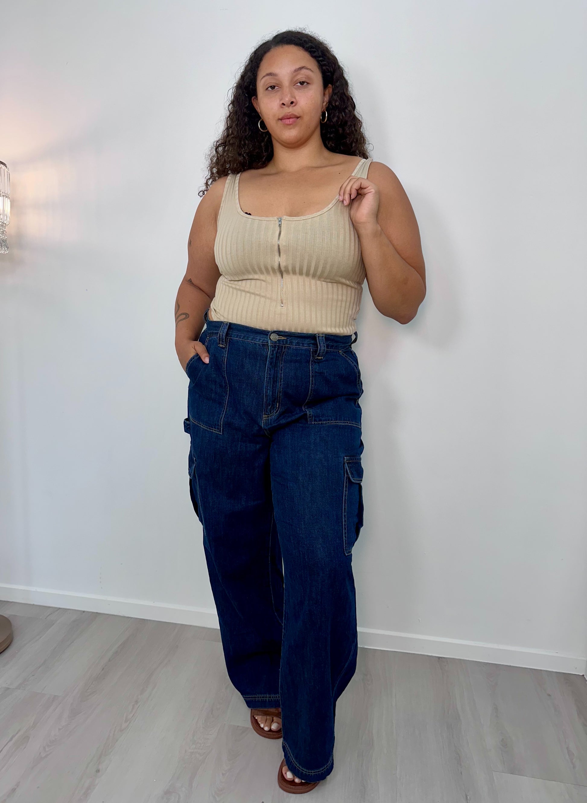 Dark Wash Wide Leg Cargo Jeans