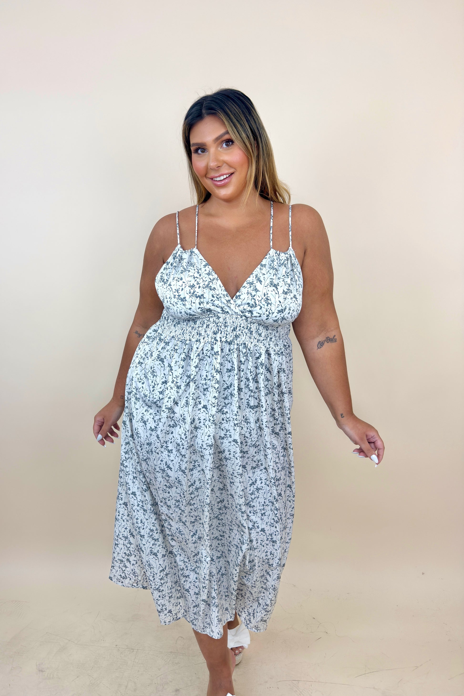 Cream & Grey Printed Summer Dress