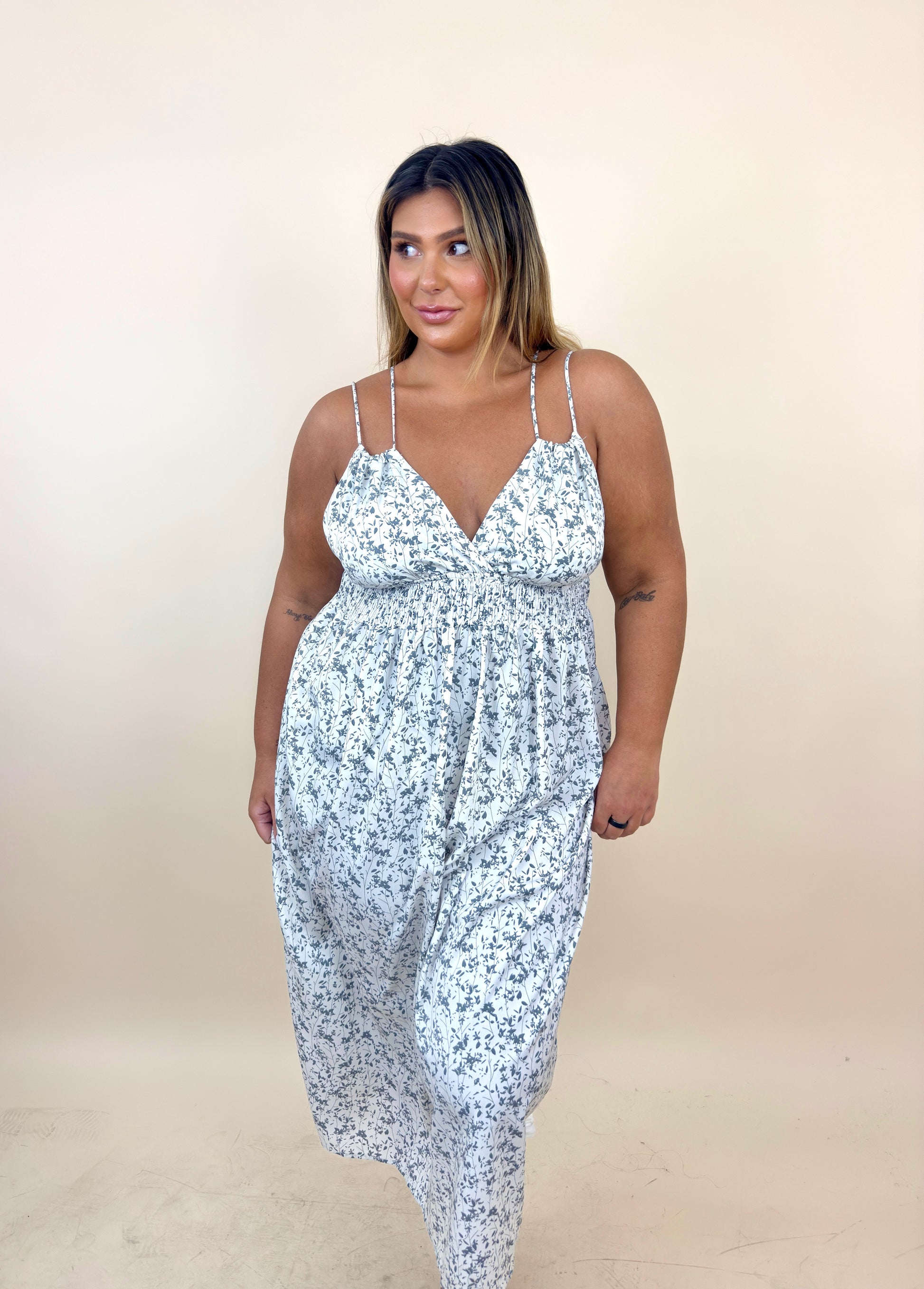 Cream & Grey Printed Summer Dress