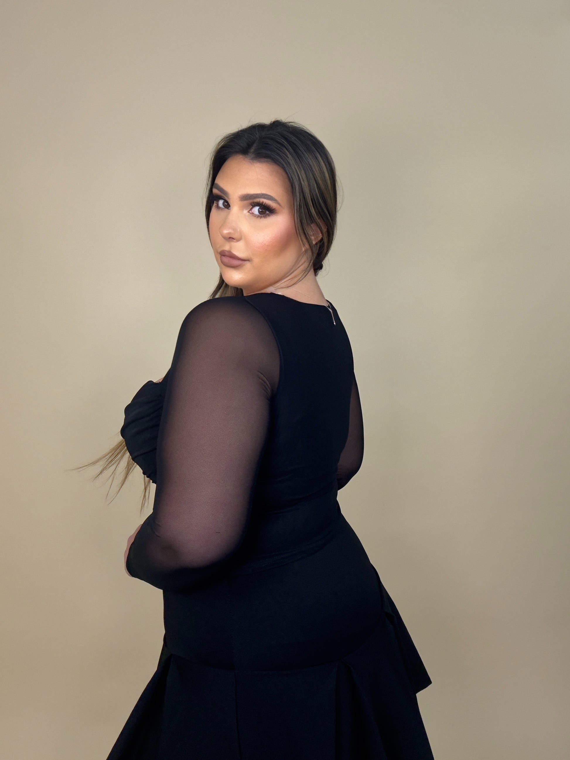 Cowl Corset Sheer Long Sleeve Top