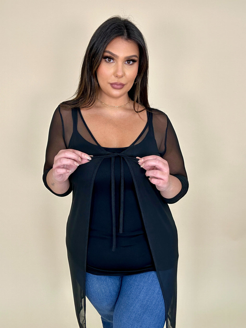 Long Sheer Front Tie Cardigan