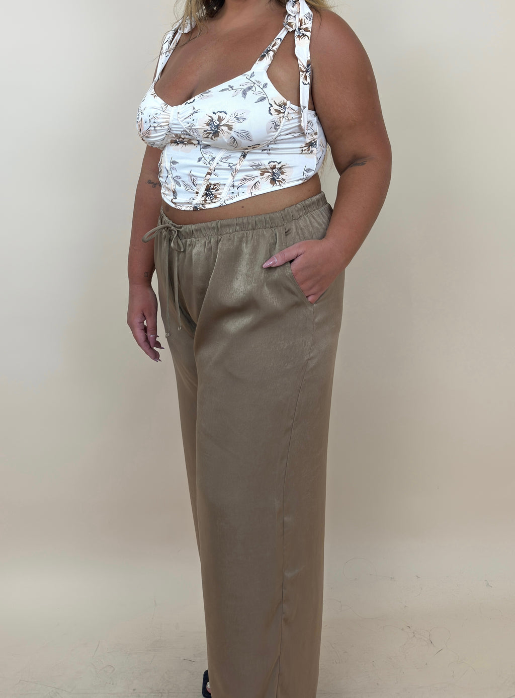Beige Silky Sheen Wide Leg Pant