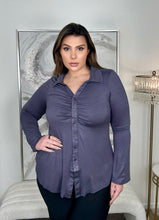 Load image into Gallery viewer, Rouched Button Up Long Sleeve Muted Blue Top
