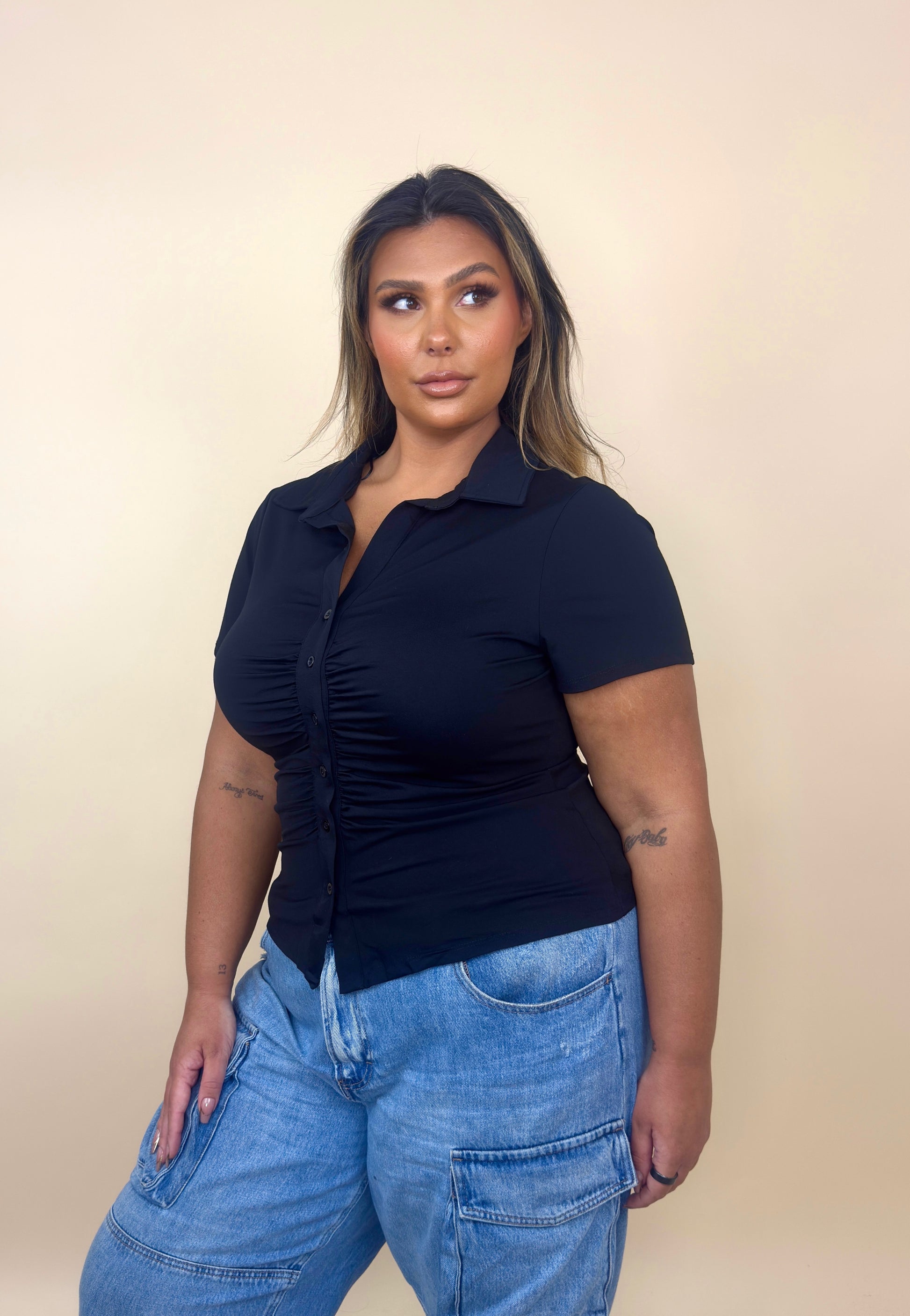 Soft Rouched Button Up Collared Top
