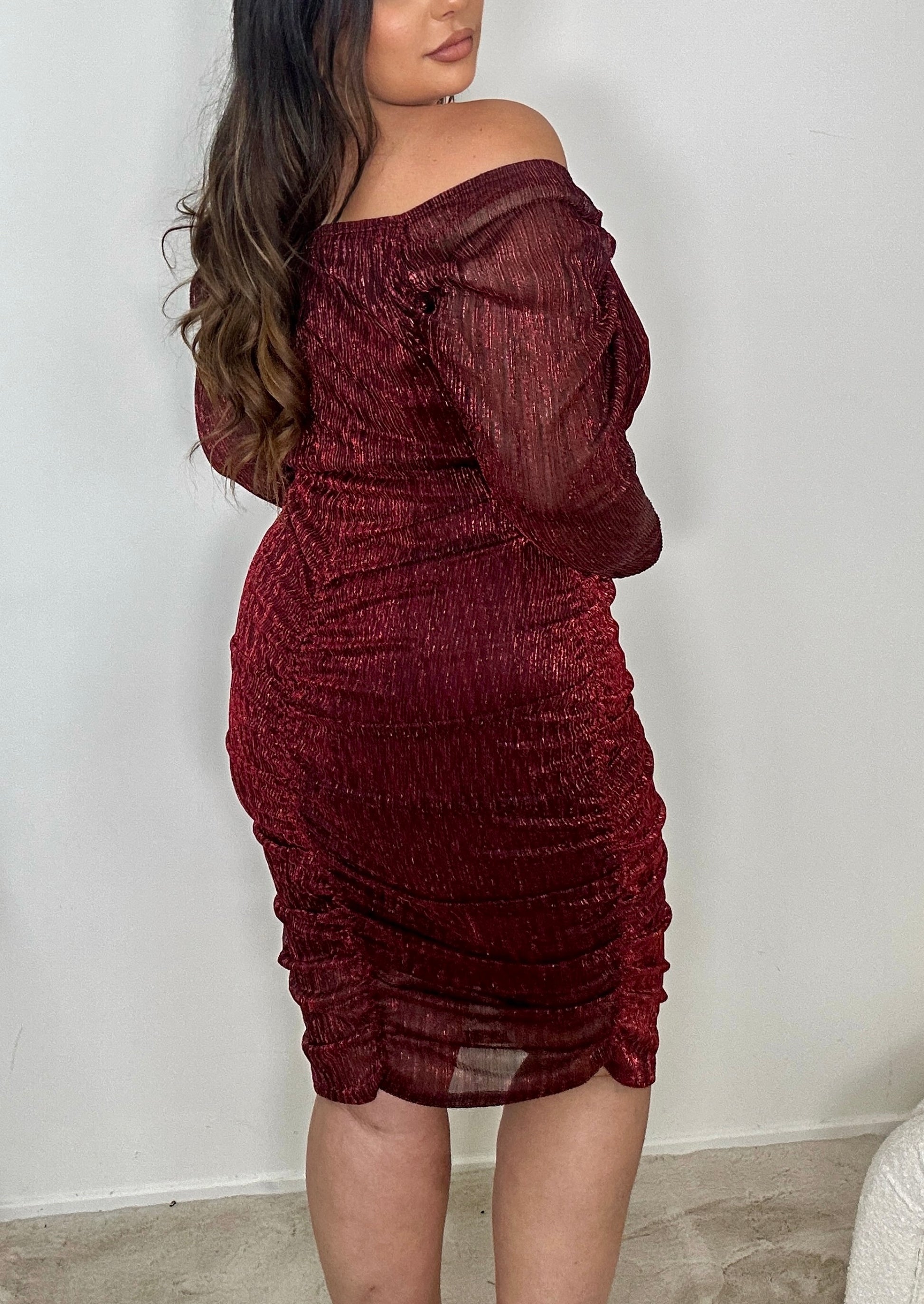 Shiny Red Rouched Dress
