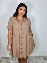 Load image into Gallery viewer, Tan Shift Button Up Dress w/pockets
