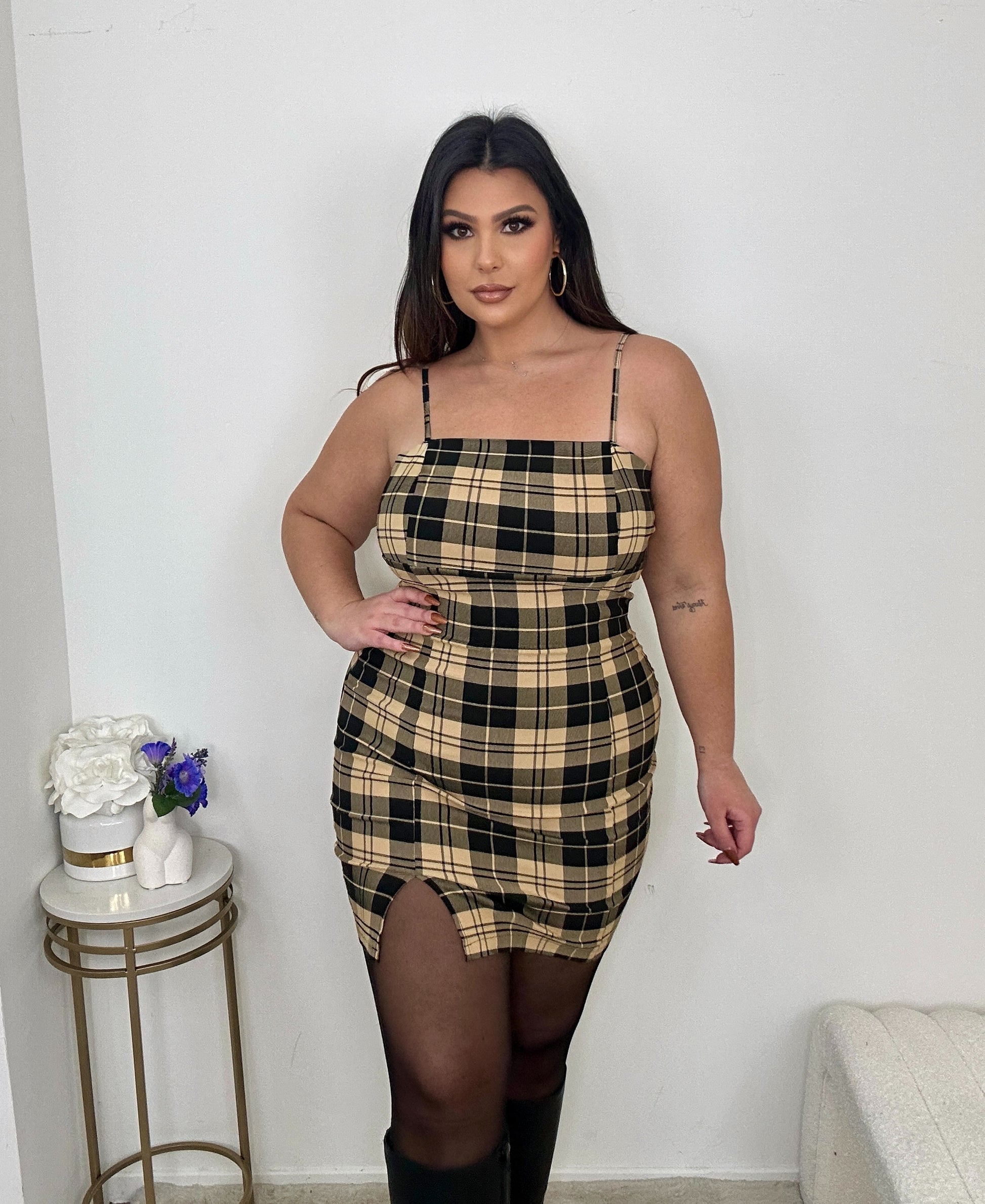 Golden Plaid Mini Dress