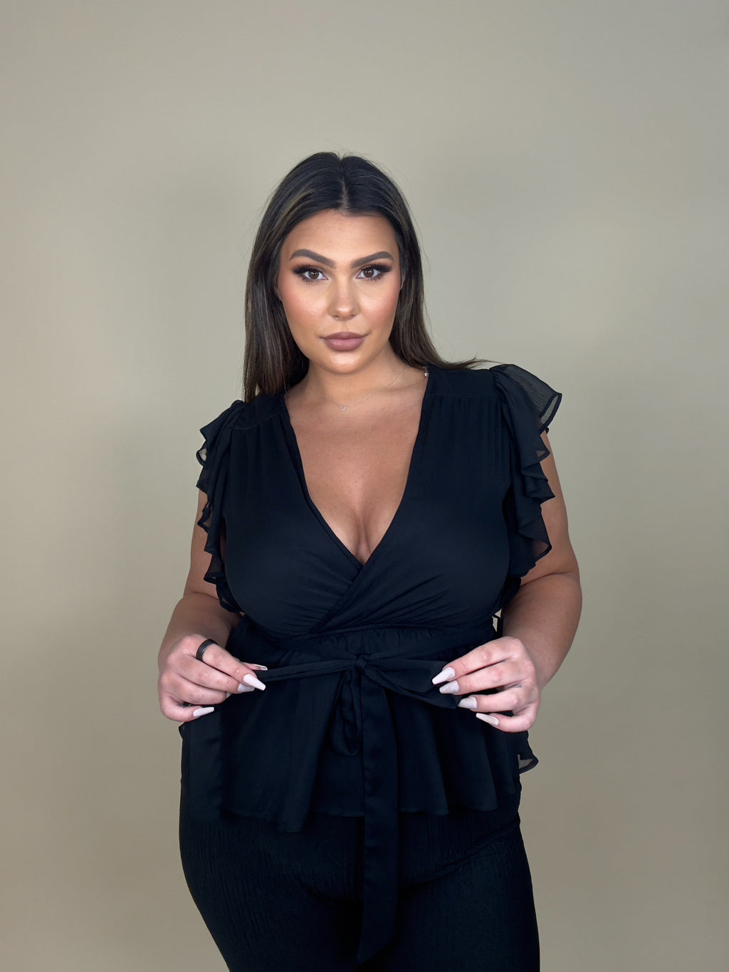 Ruffle Tie Belt Peplum Top
