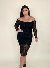 Load image into Gallery viewer, Sheer Patterned Off Shoulder Long Sleeve Dress
