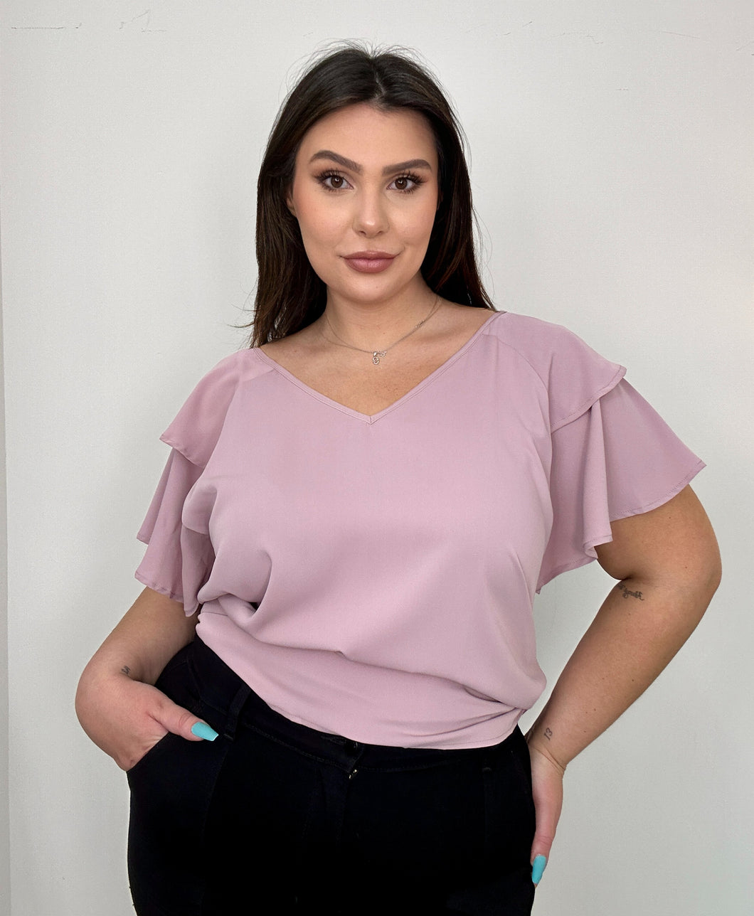 Lightweight Oversized Neckline  Ruffle Sleeve Top