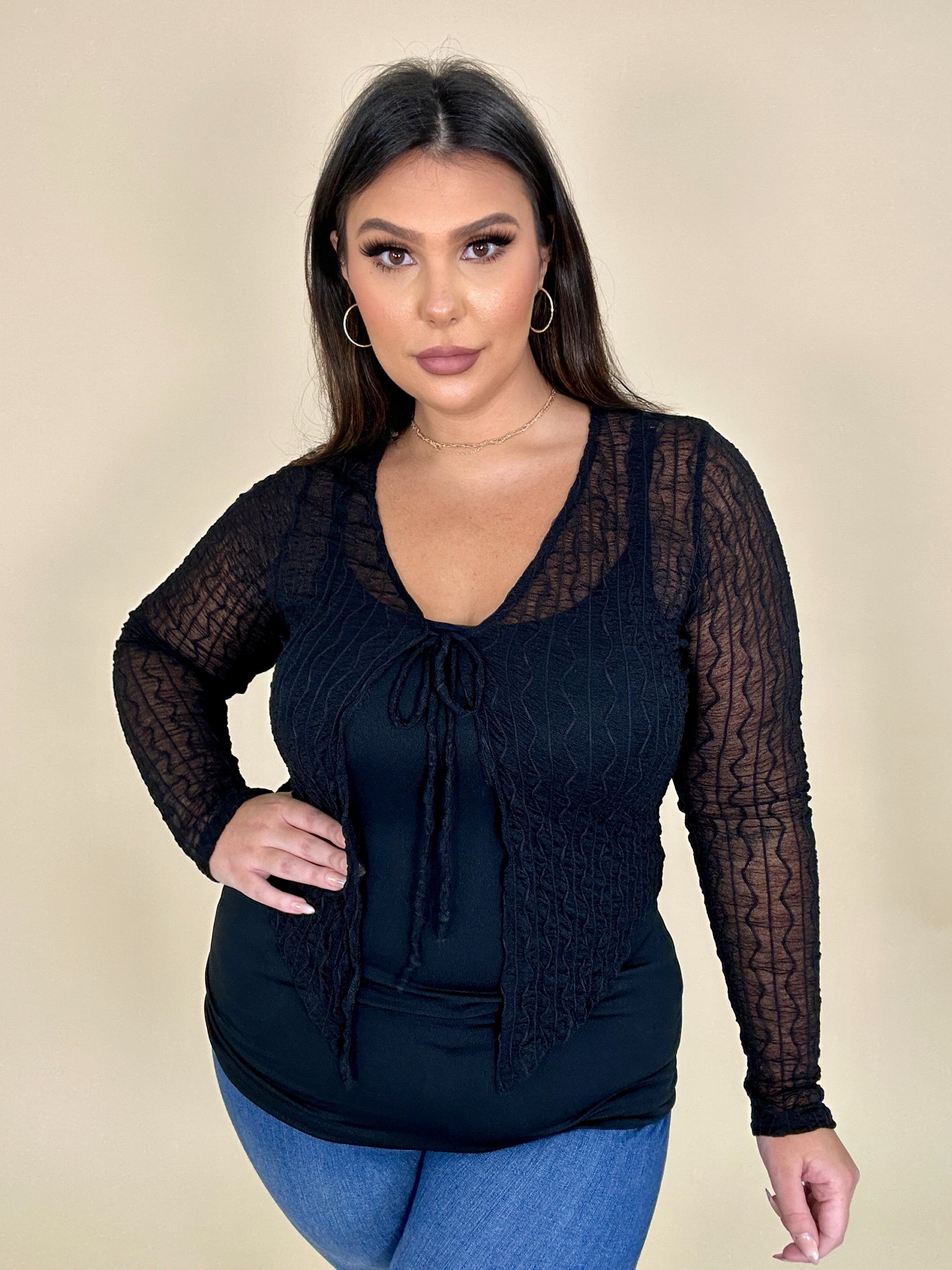 Sheer Textured Front Tie Cardigan Wrap (2 colors)
