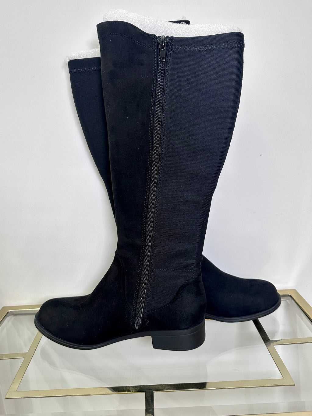 Mid Calf Faux Suede Stretch Boots