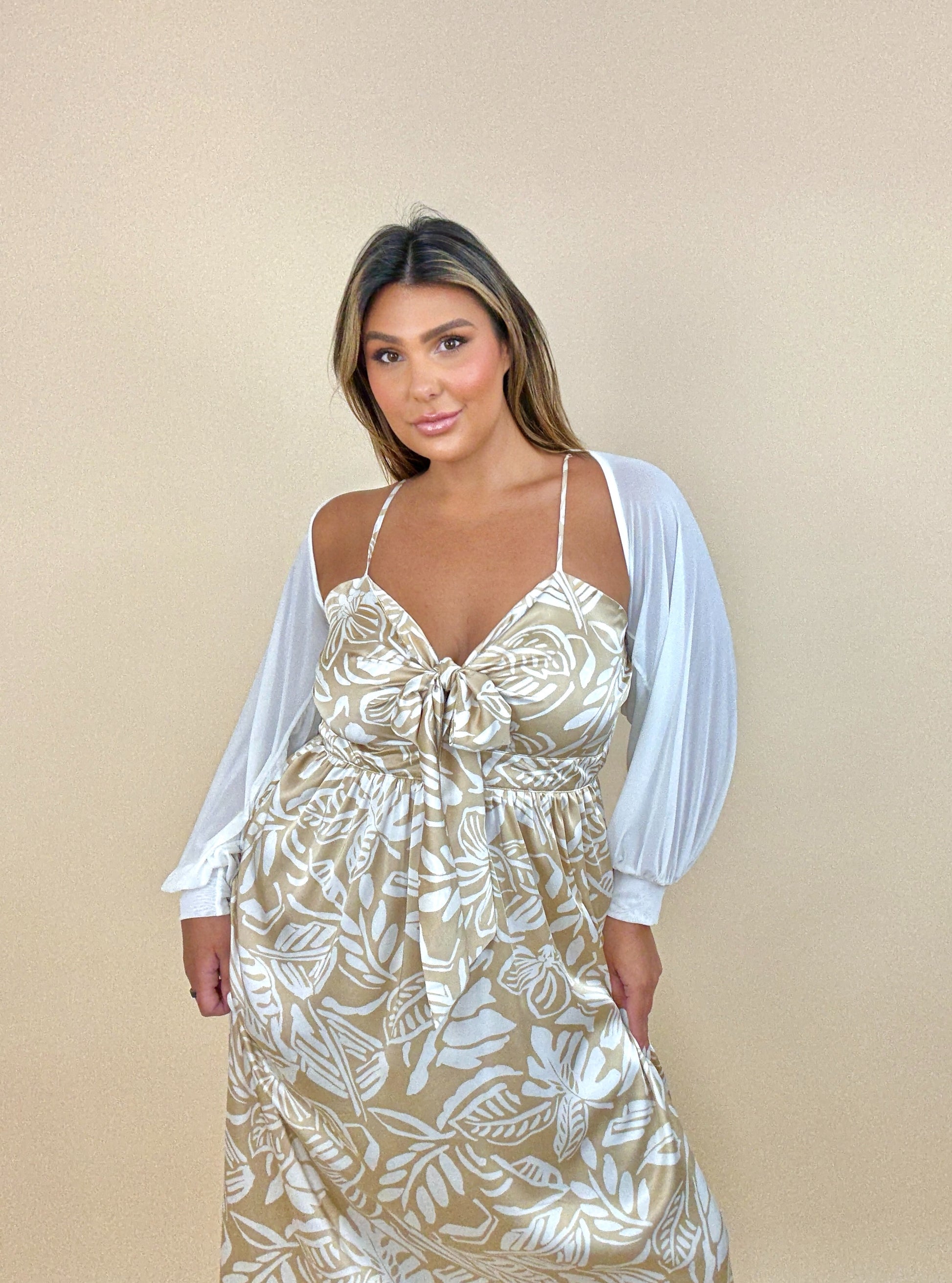 Beige & White Patterned Silky Dress