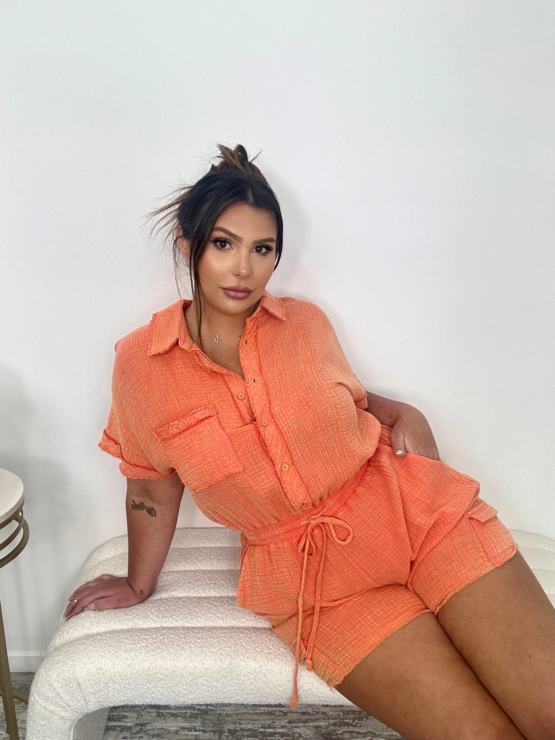 Lightweight Textured Orange Romper