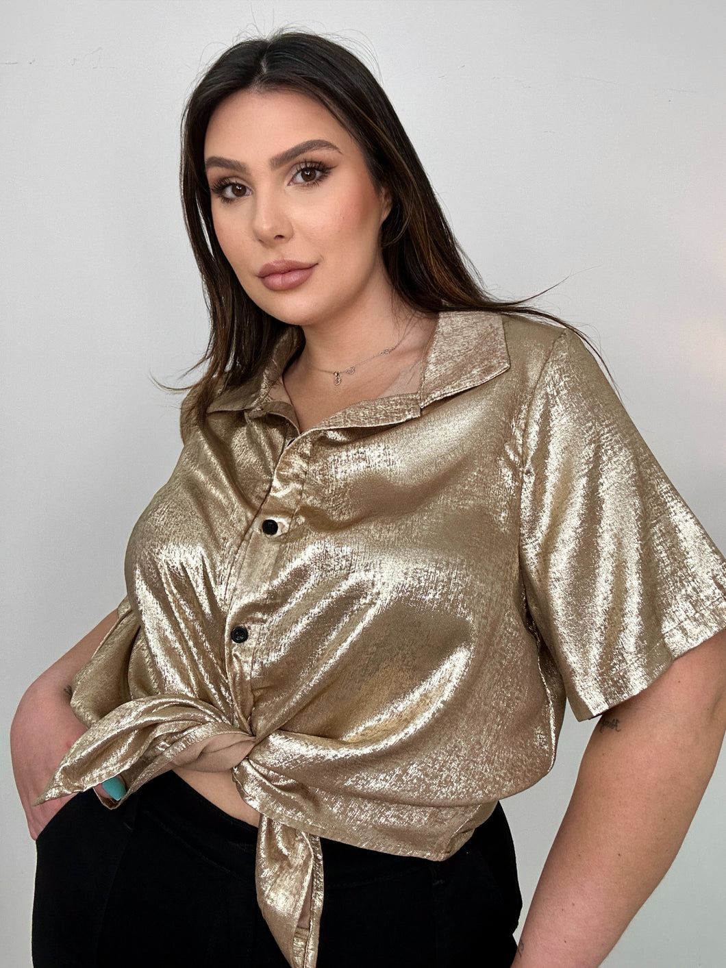 Metallic Gold Button Up Top