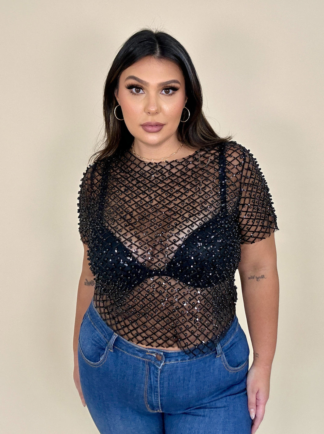 Sheer Sequin & Perl Top (2 colors)