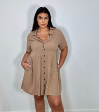 Load image into Gallery viewer, Tan Shift Button Up Dress w/pockets
