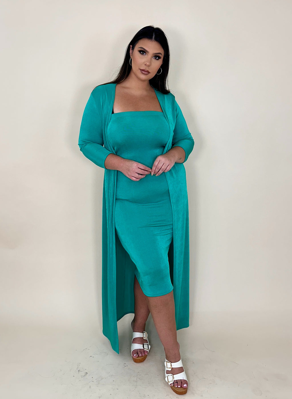 Teal Tube Bodycon Dress & Cardigan Set