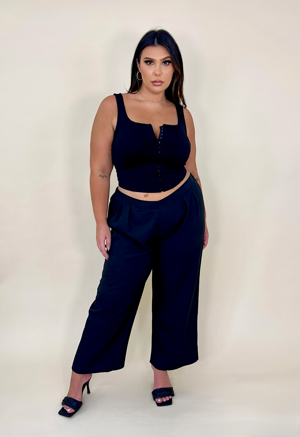 Pleated Straight Leg V-Cut Pants
