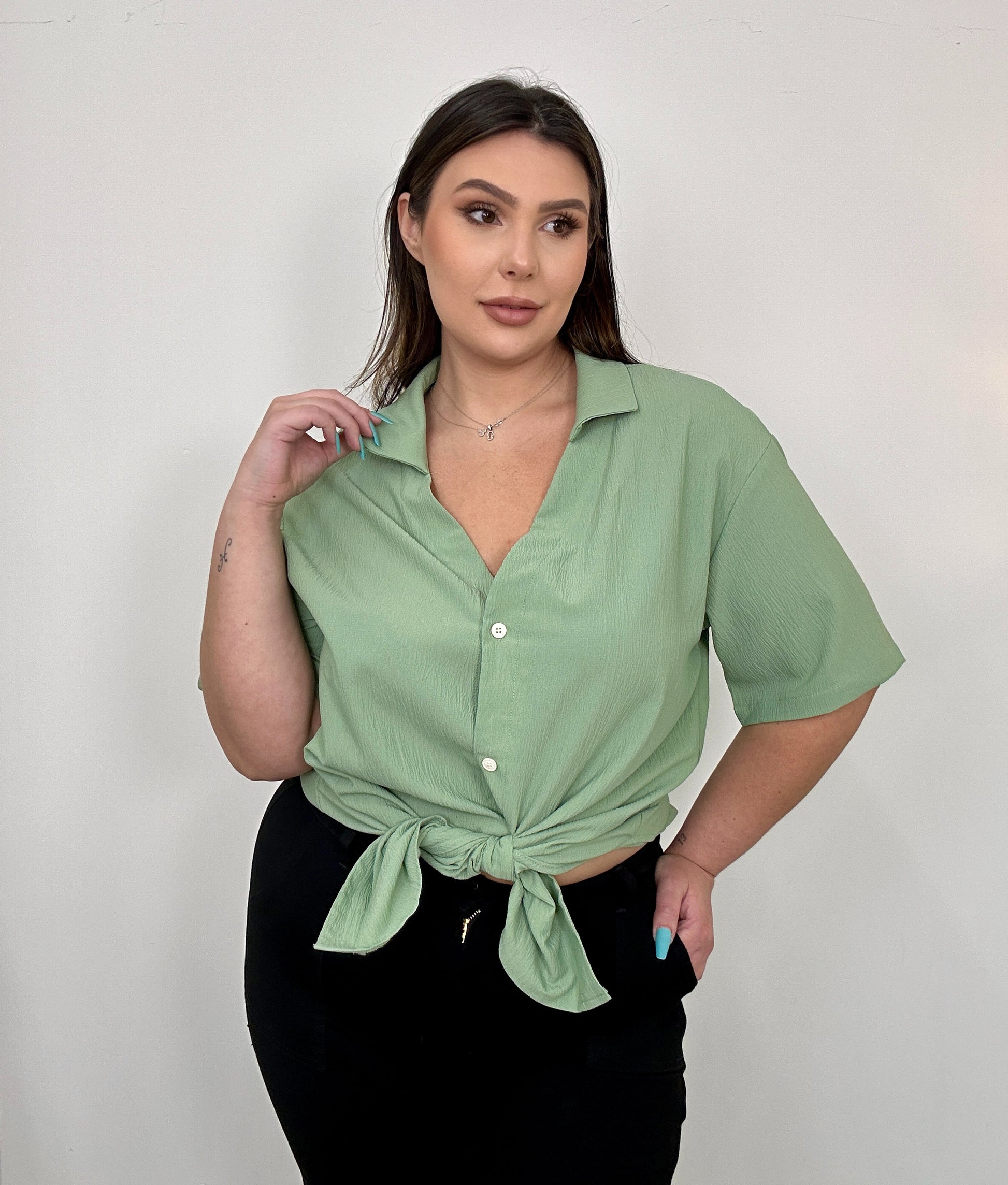 Light Green Textured Button Up Collared Top