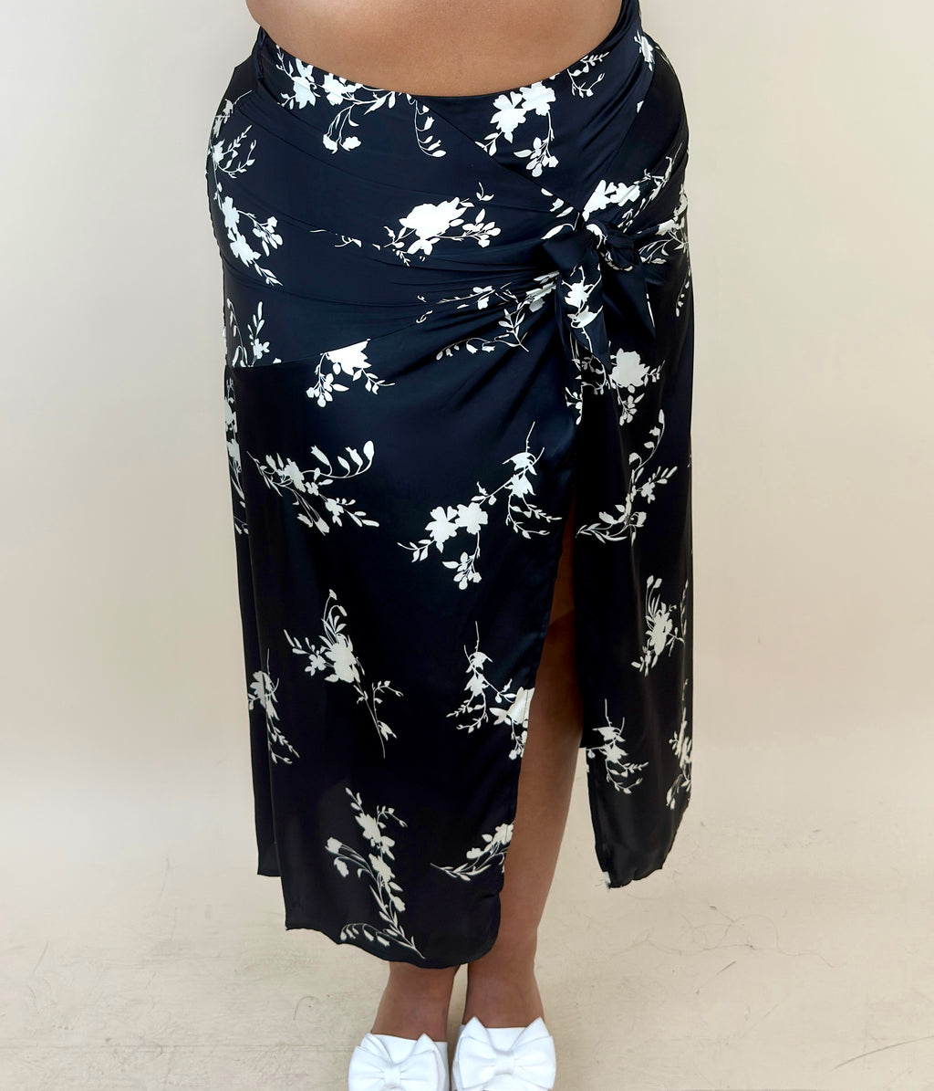 Black Floral Silky Skirt