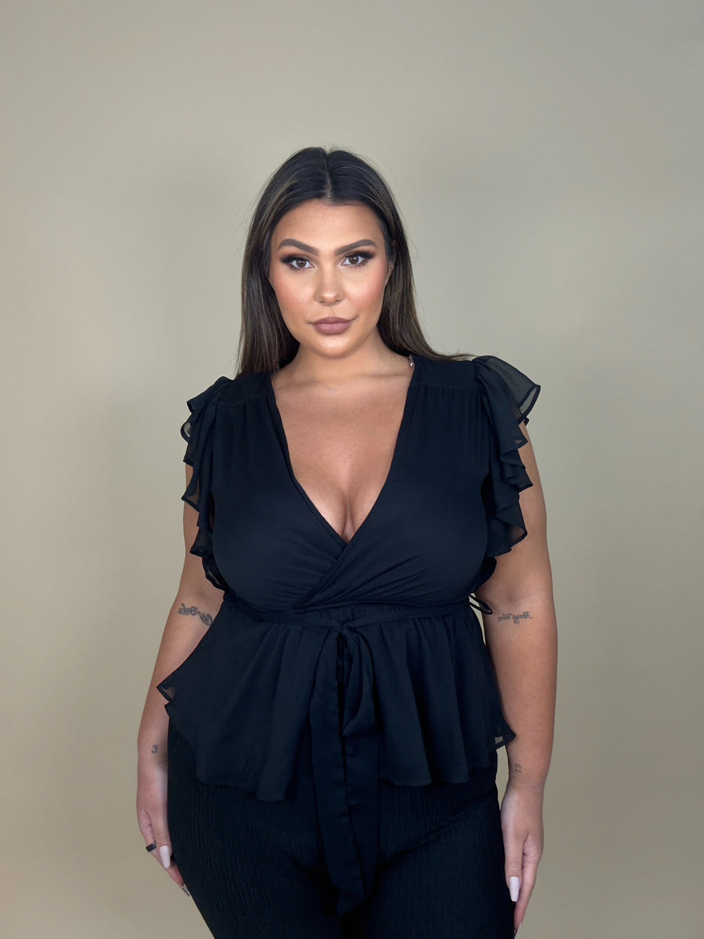 Ruffle Tie Belt Peplum Top