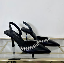 Load image into Gallery viewer, Rhinestoned Pointed Black Heels
