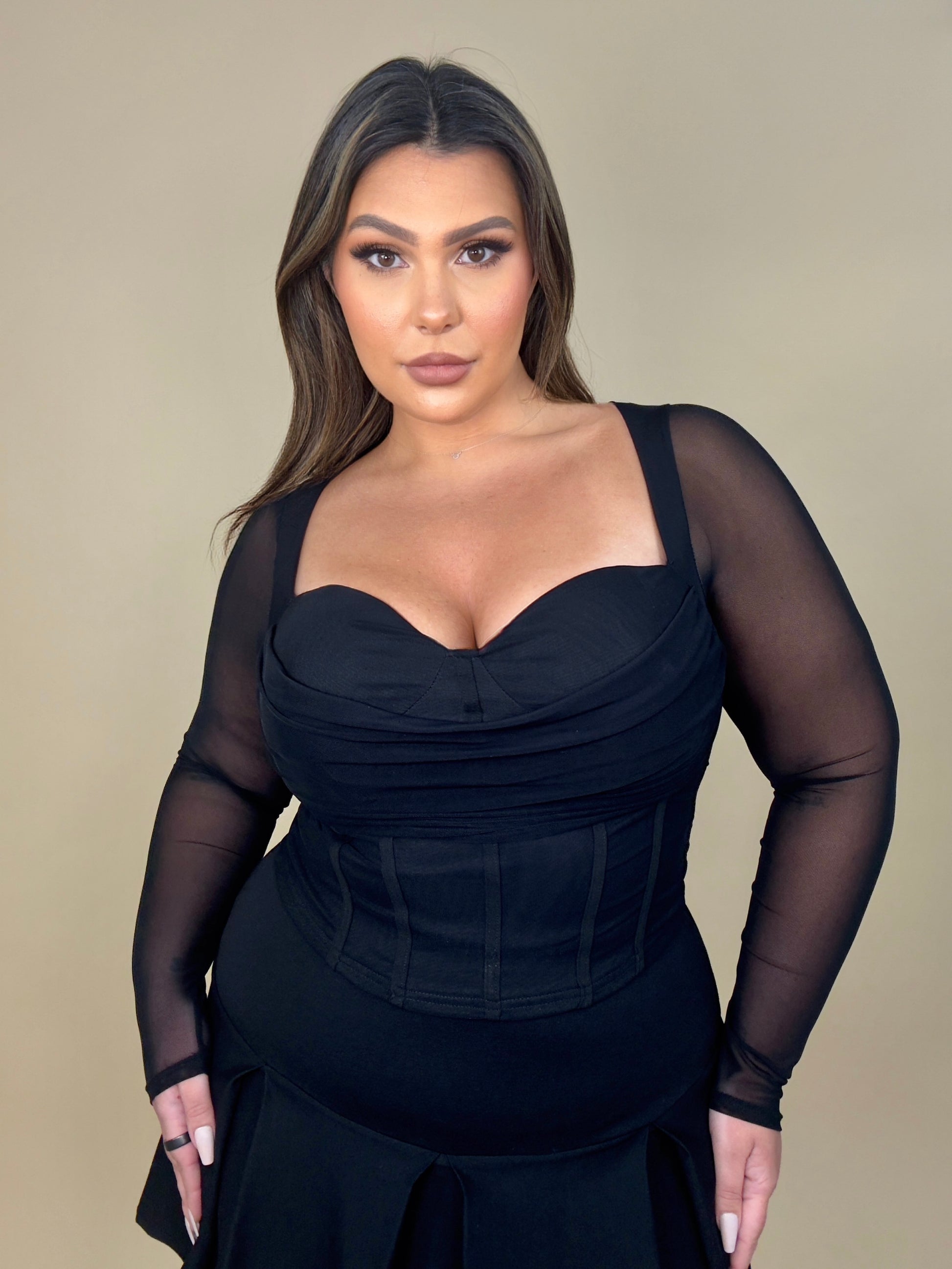 Cowl Corset Sheer Long Sleeve Top