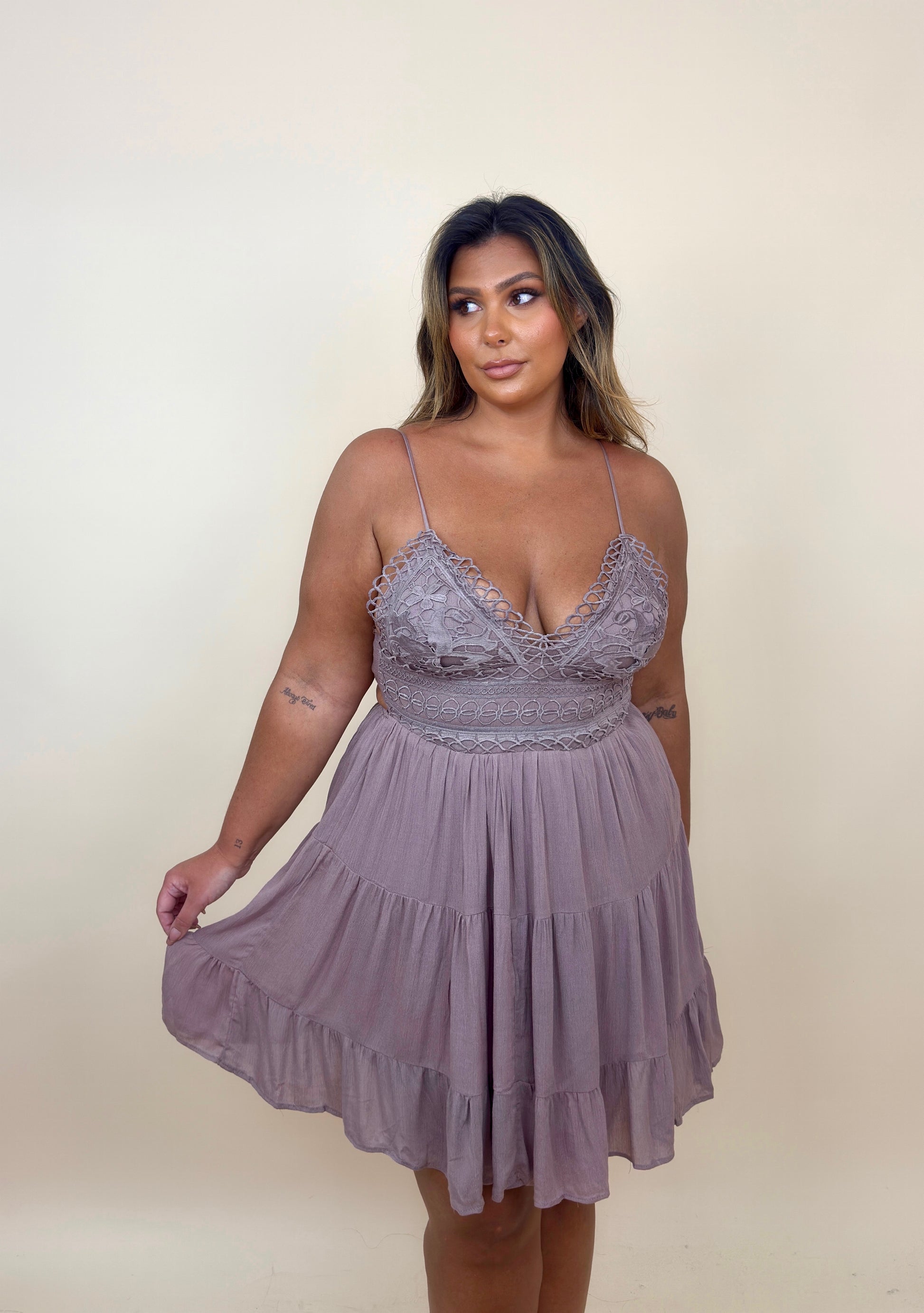 Mauve Lace Tie Back Dress Qurves Boutique Mauve Lace Tie Back Dress Qurves Boutique